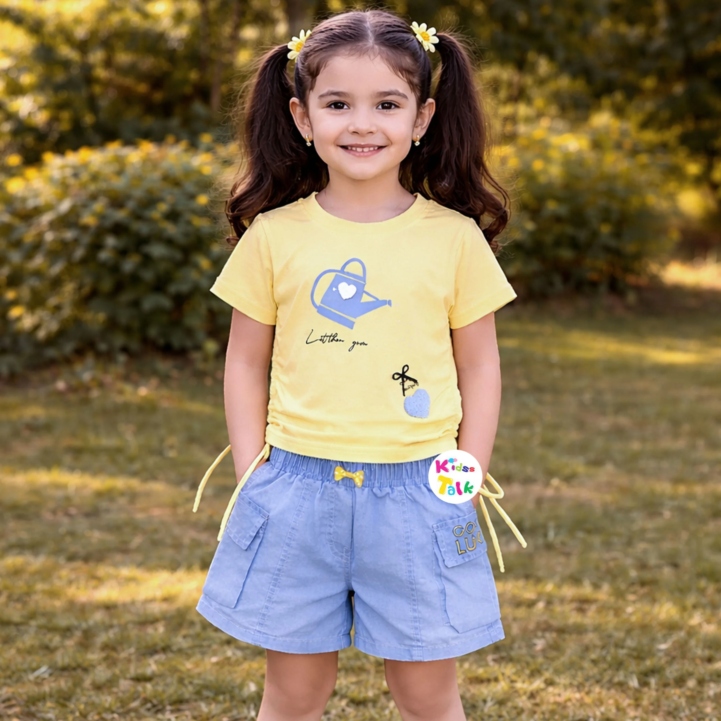 Cotton Knitted Half Sleeve T-shirt Set With Cute Print - Lemon Yellow