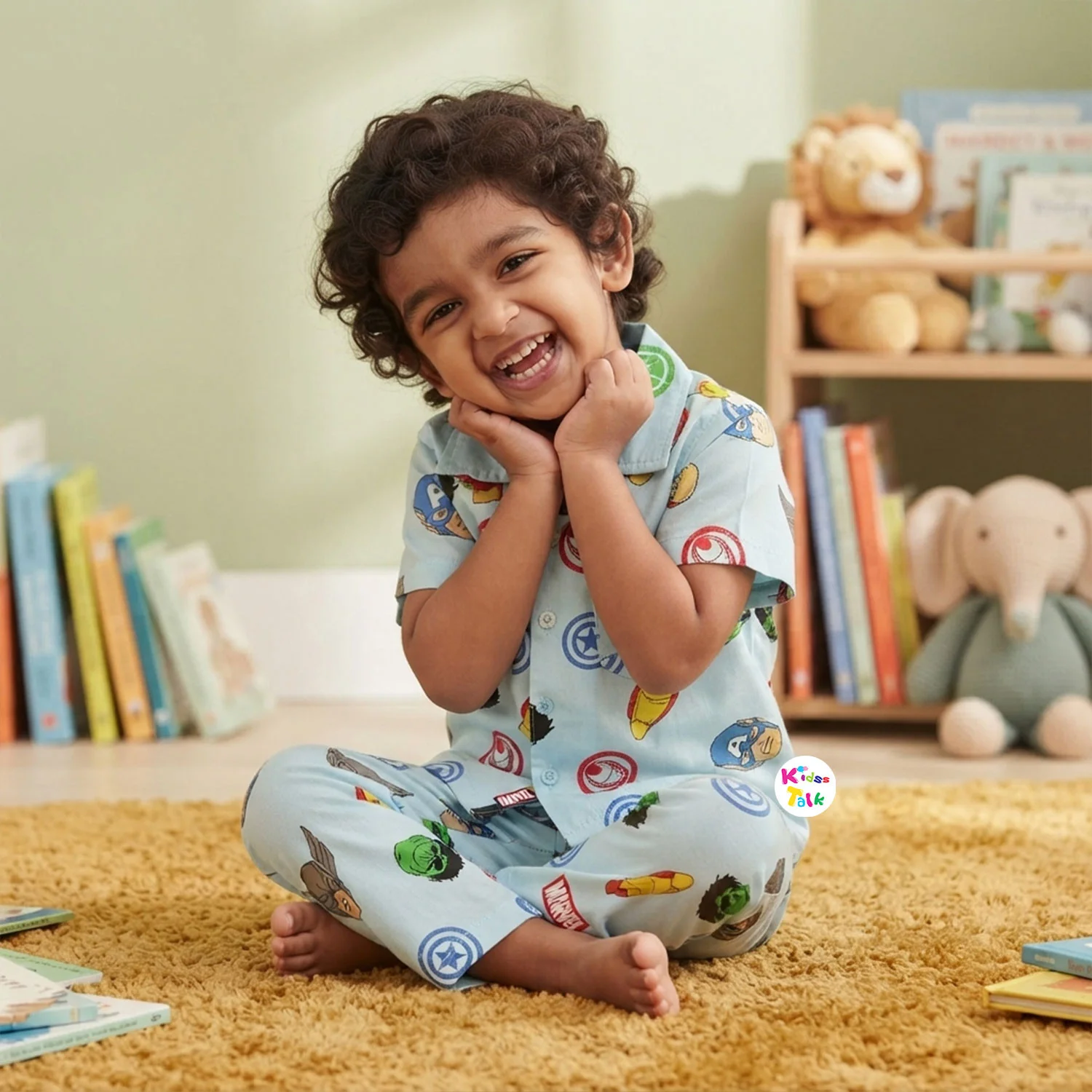 Cotton Knitted Half Sleeve Night Suit With Cute Printed - Ice Blue