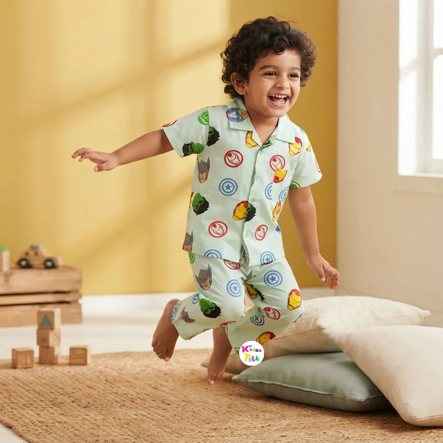 Cotton Knitted Half Sleeve Night Suit With Cute Printed - Mint Green