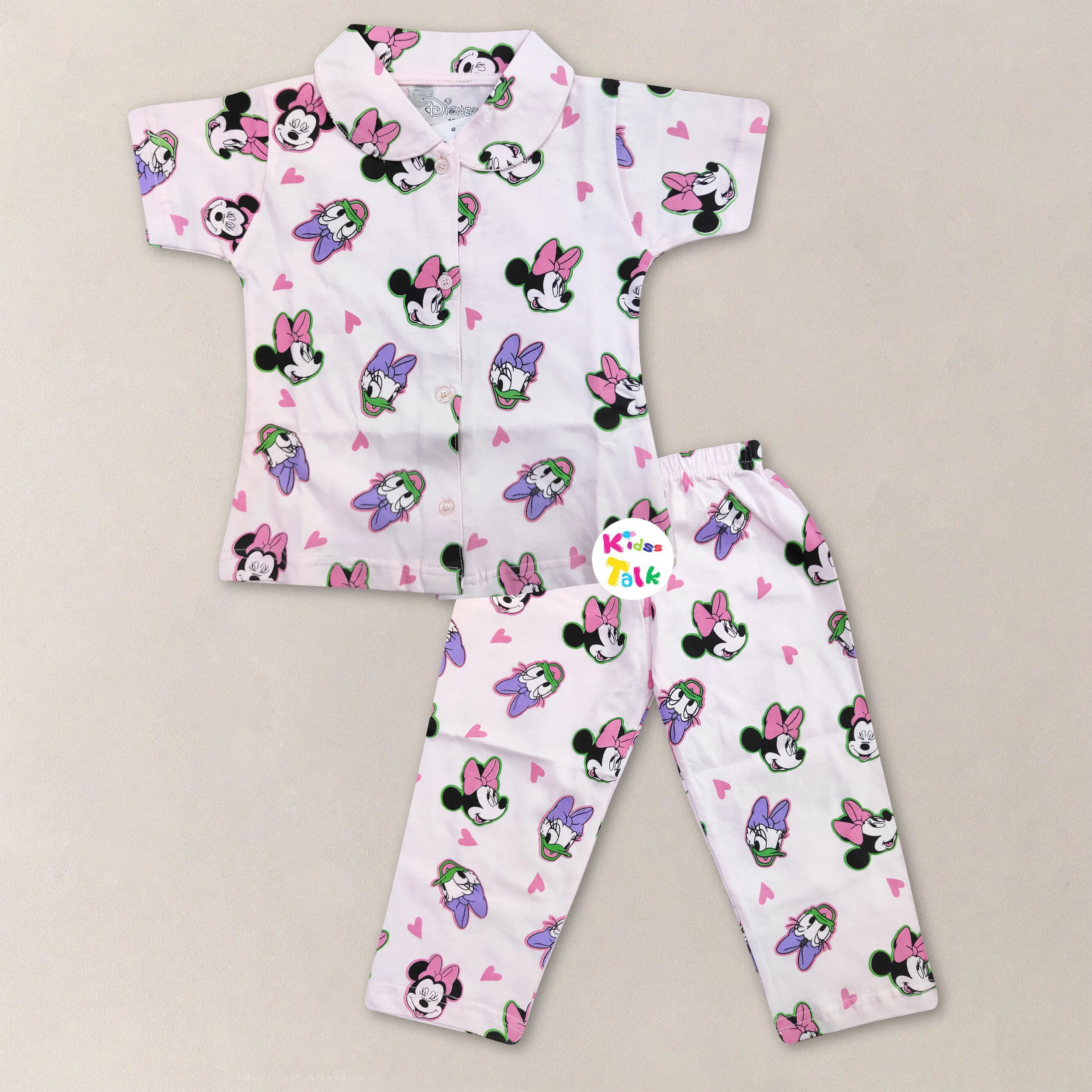 Cotton Knitted Half Sleeve Night Suit With Cute Printed - Baby Pink