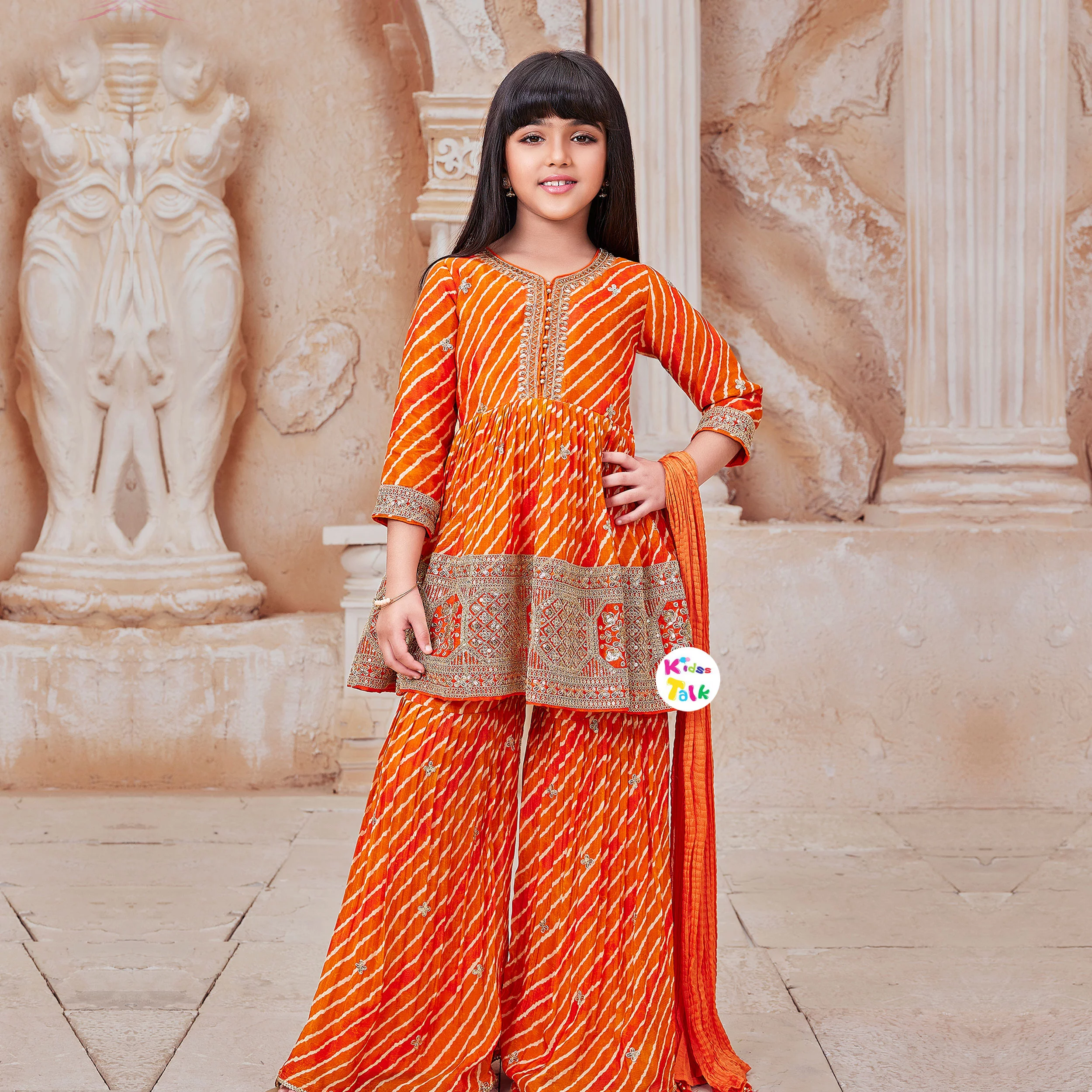Georgette Zardhosi Worked Full Sleeve Kurta & Sharara With Dupatta - Orange