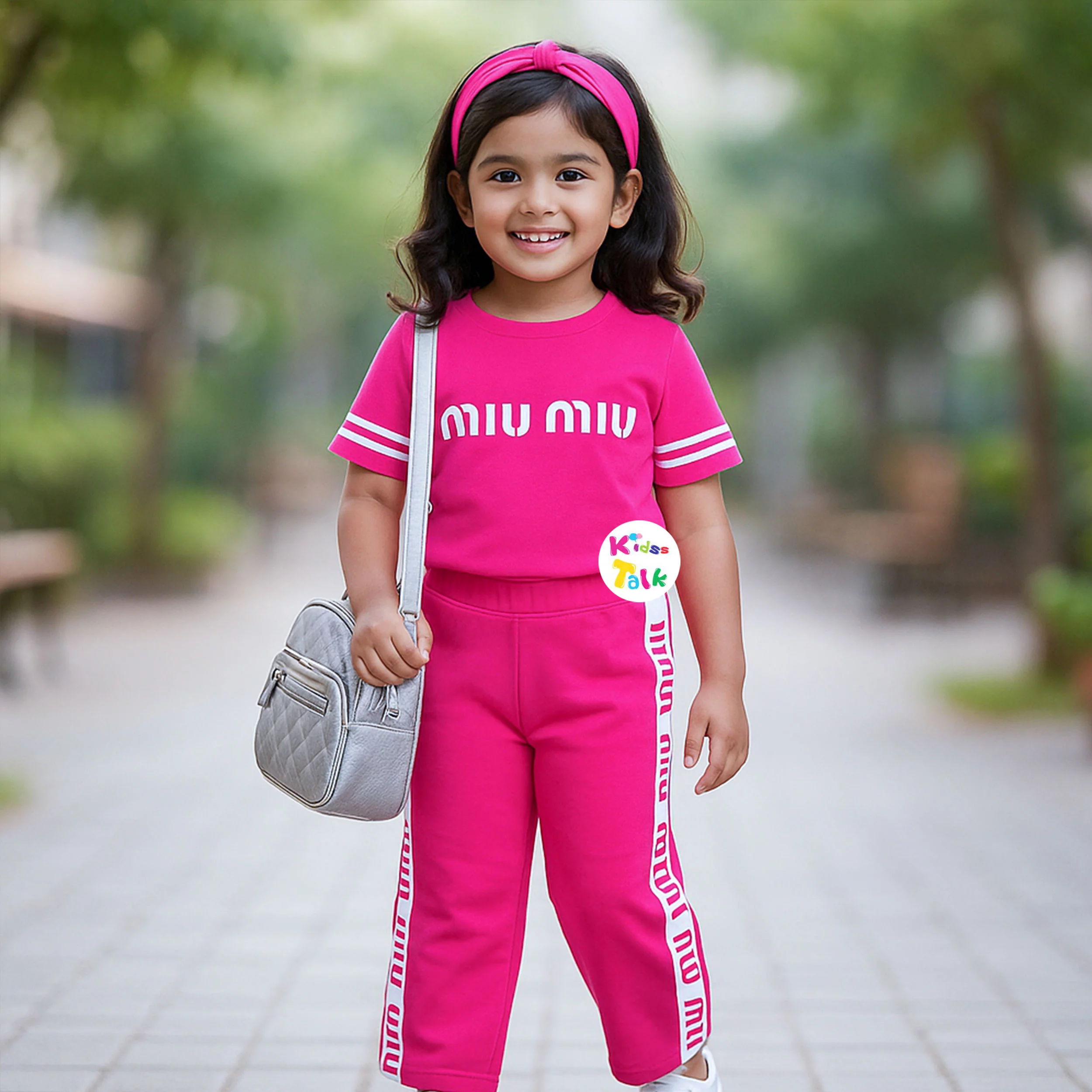 Cotton Knitted Half Sleeve Culottes Set With Labubu Printed - Hot Pink