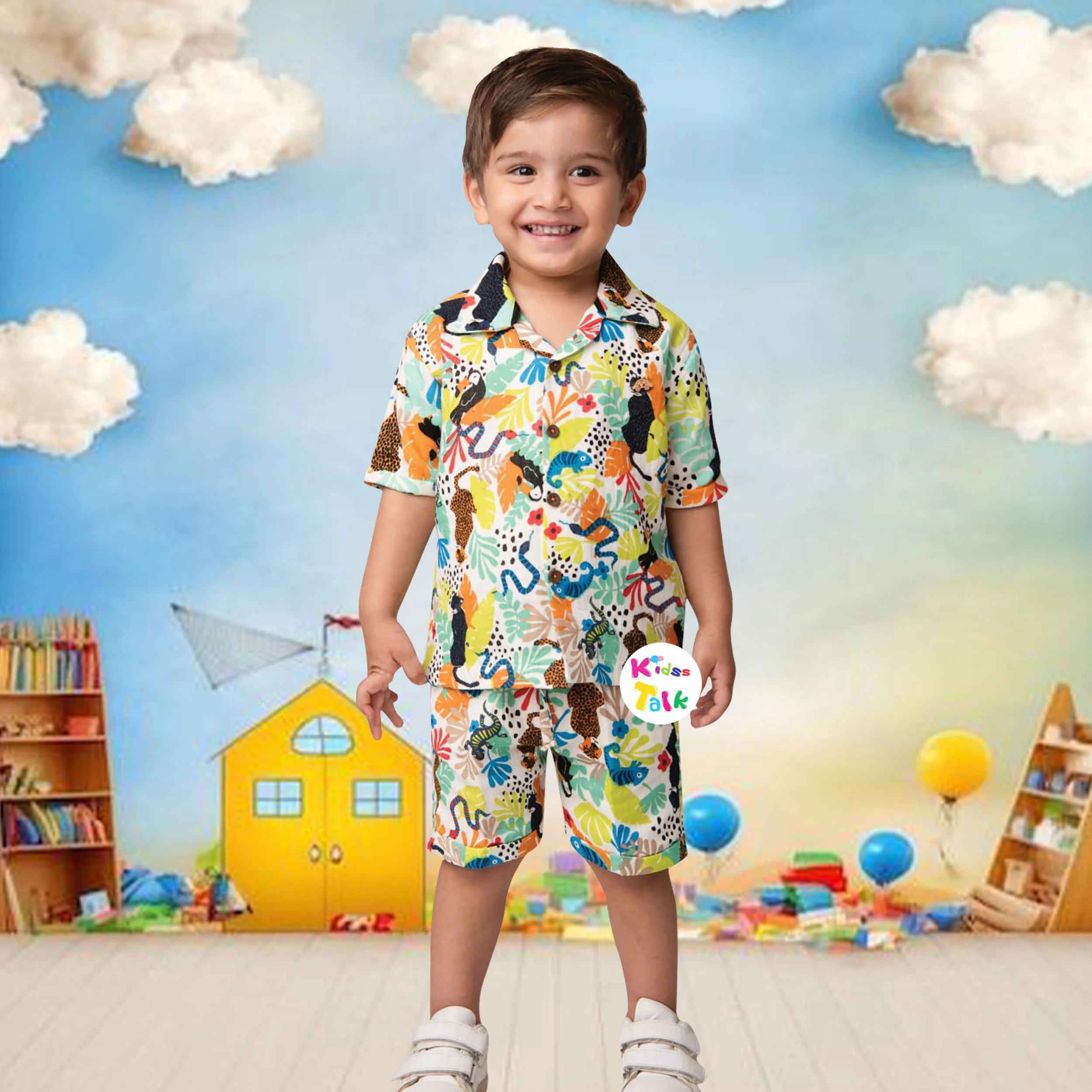 Soft Mulsin Half Sleeve Half Pant Set With Cute Print - Multicolour