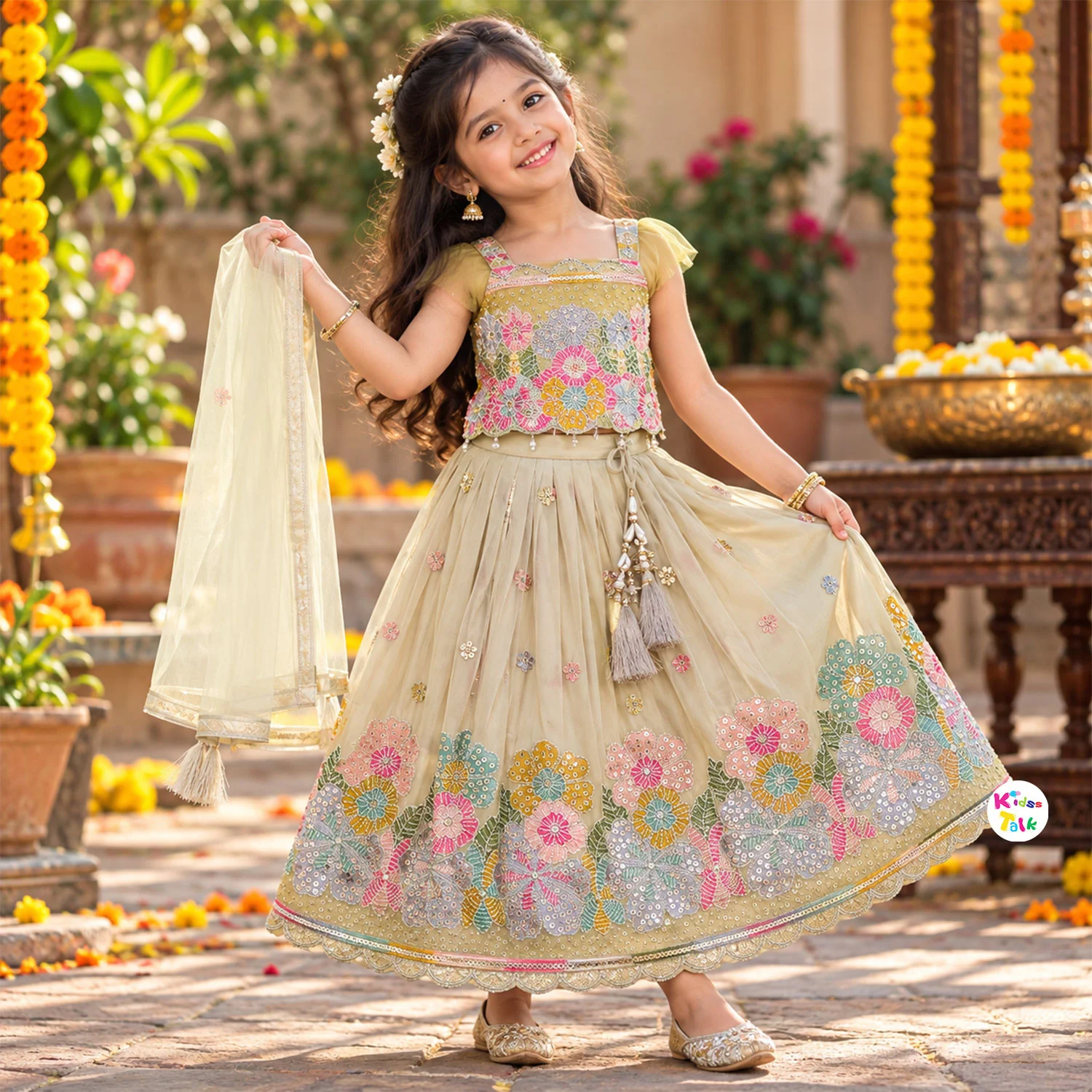 Georgette Sleeveless Embroidered Top With Lehenga Choli Set Girls - Cream