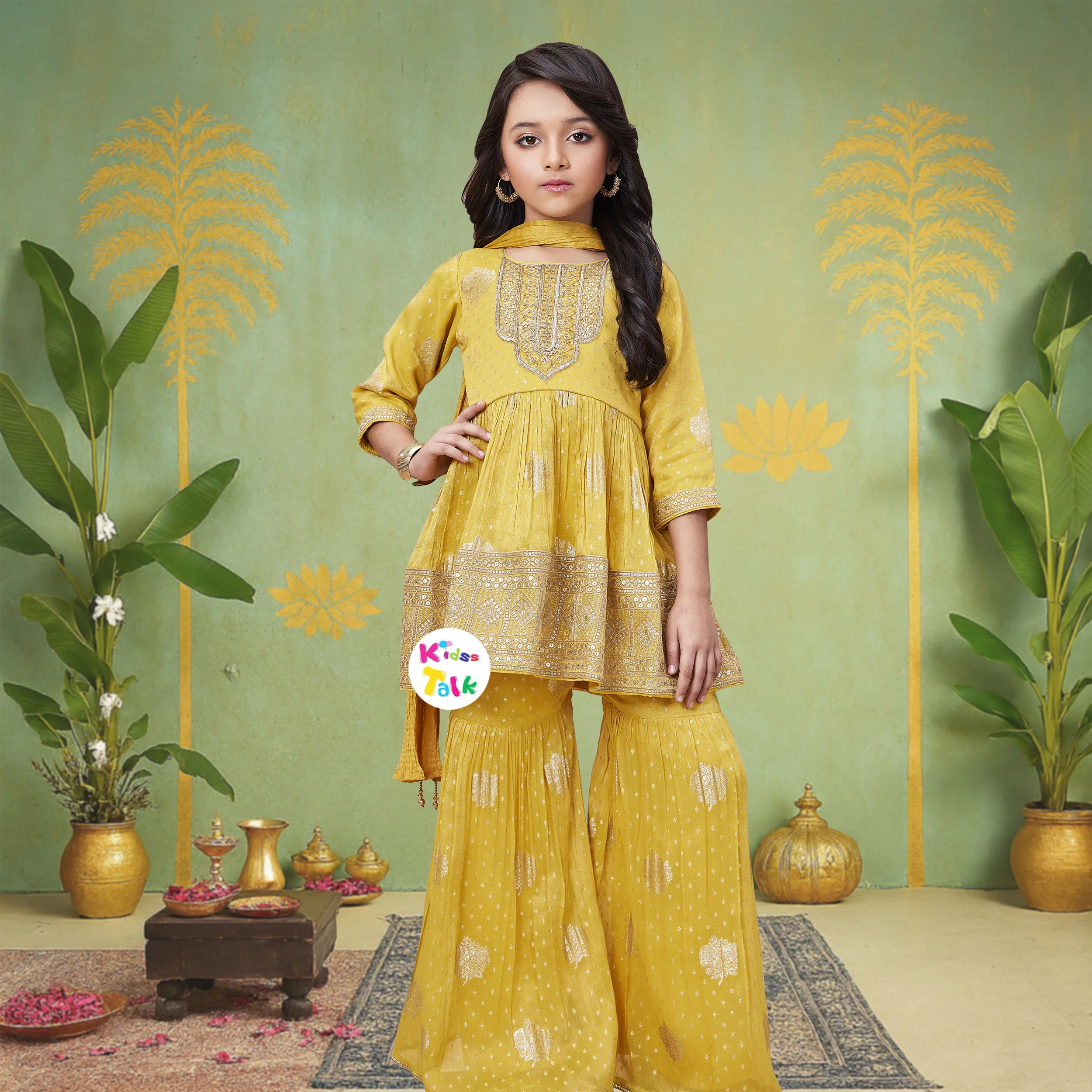 Chanderi Silk Zardhosi Worked Full Sleeve Kurta & Sharara With Dupatta - Mustard