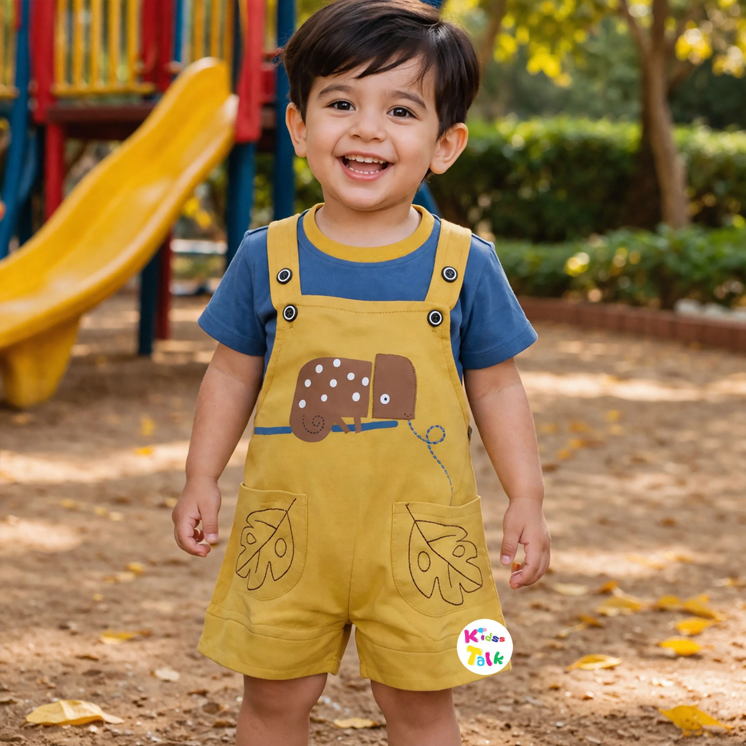 Cute Cotton Knitted Half Sleeve Dungaree Set With Cute Patch Work - Mustard