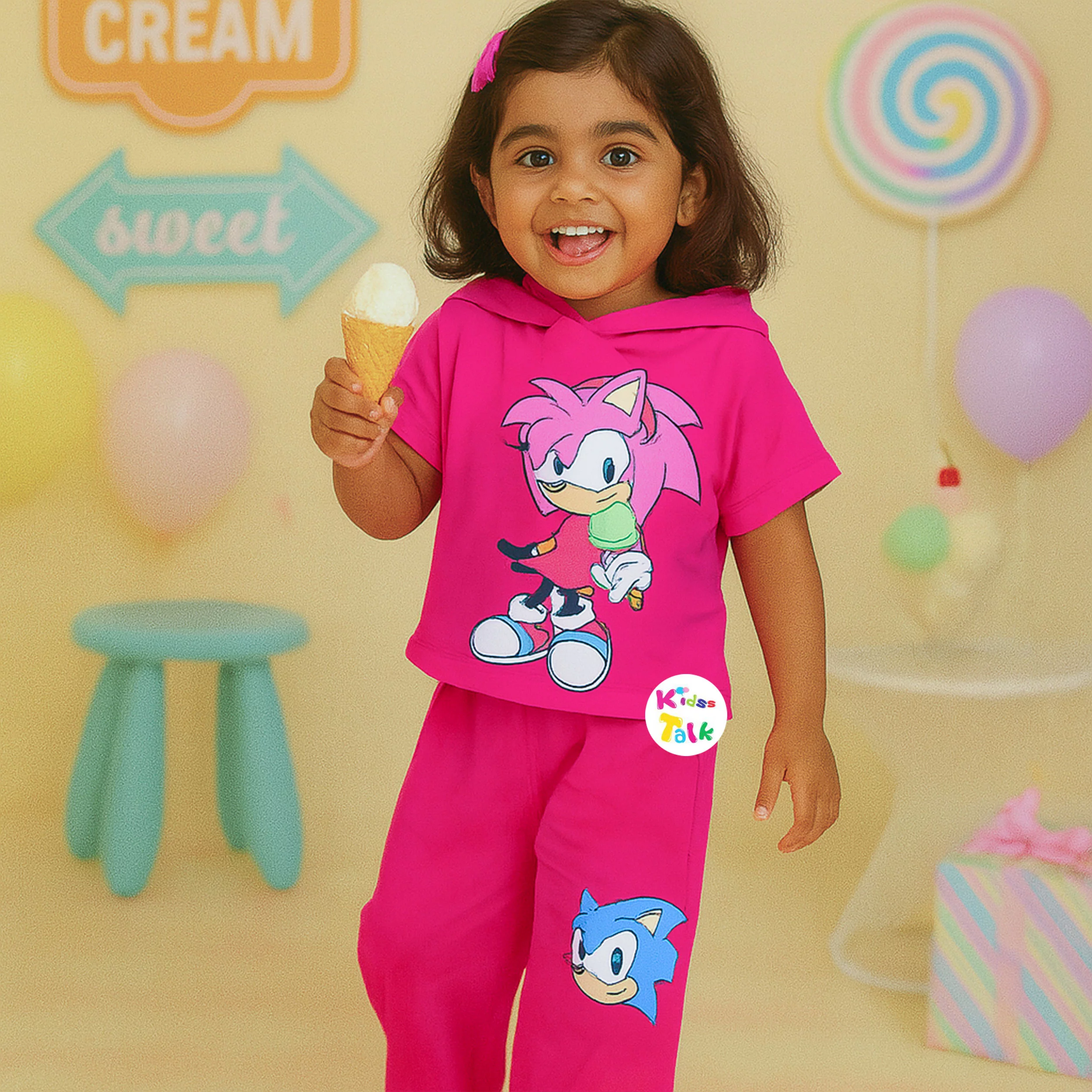 Knitted Cotton Half Sleeve Printed Culottes Set - Hot Pink