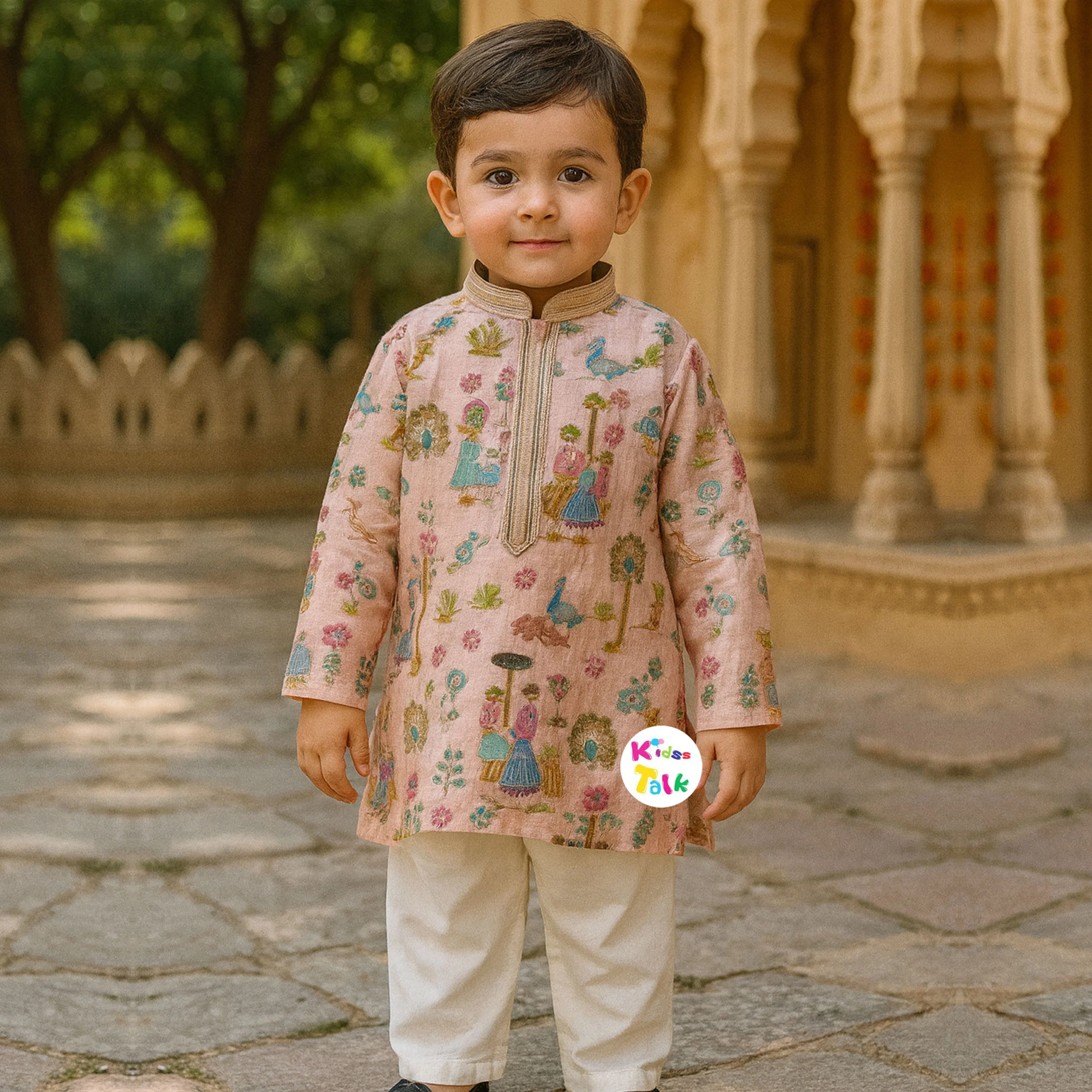 Cotton Full Sleeve Kurta With Zardhosi & Pyjama - Peach