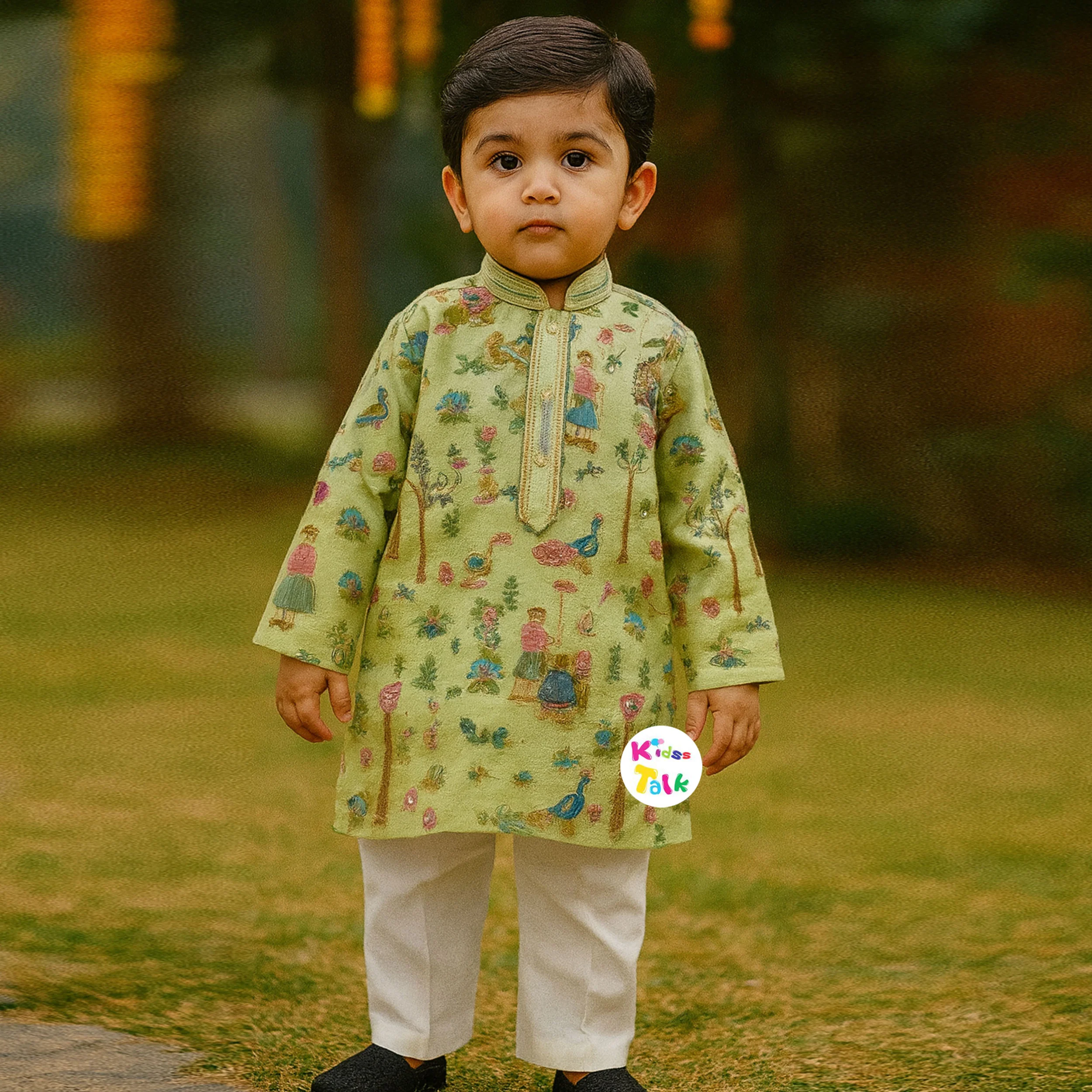 Cotton Full Sleeve Kurta With Zardhosi & Pyjama - Pista Green