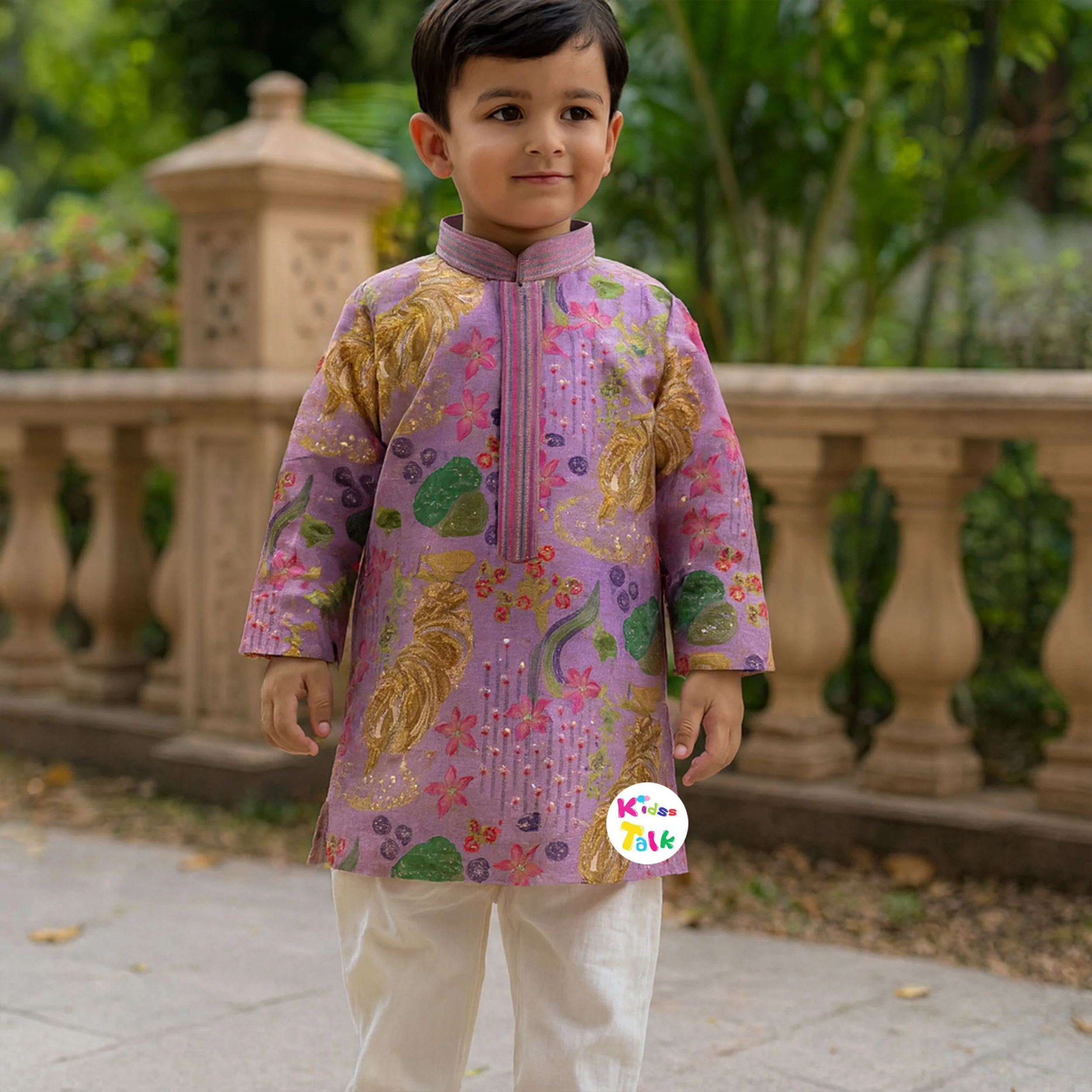 Cotton Full Sleeve Kurta With Zardhosi & Pyjama - Lavender