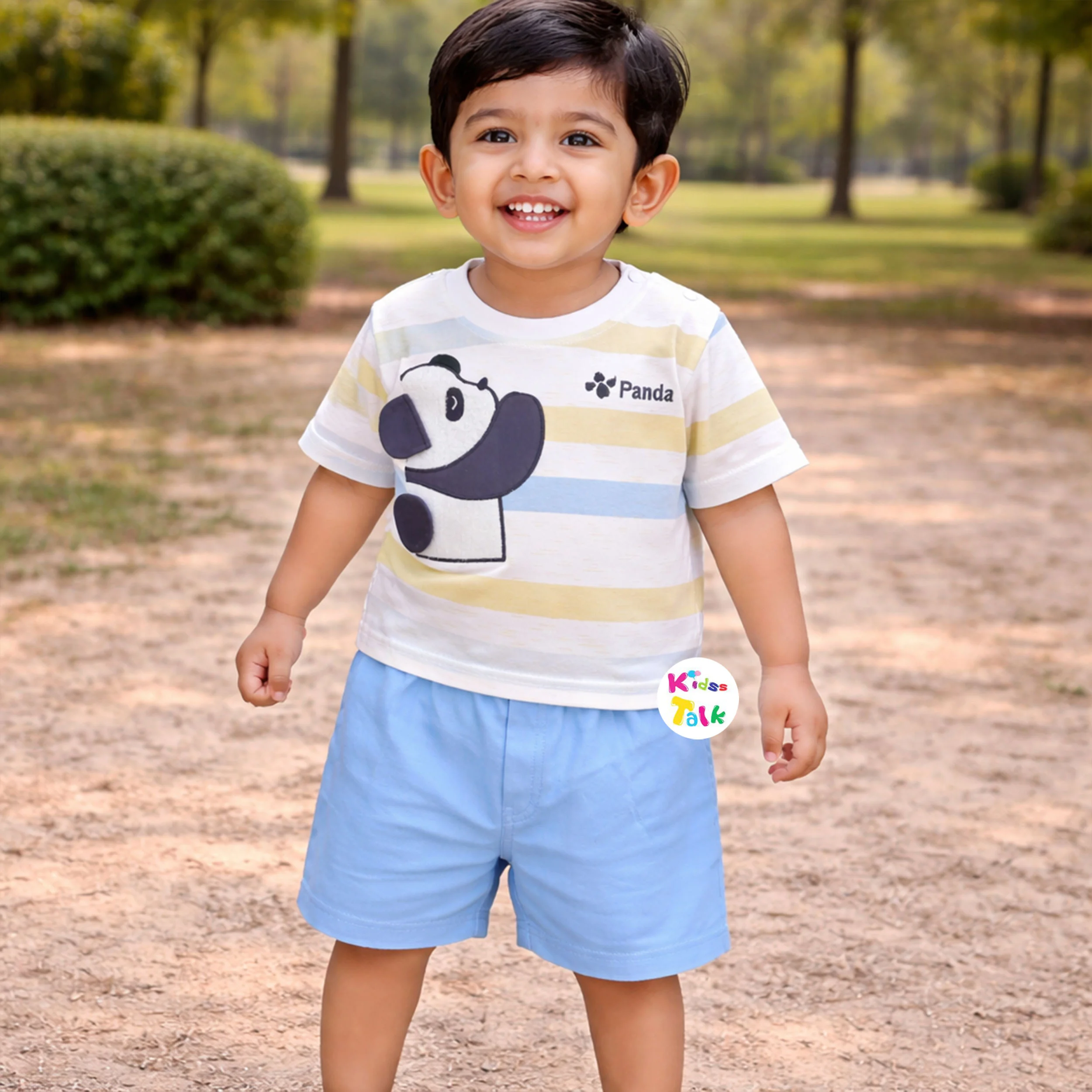 Cotton Knitted Half Sleeve T-shirt Set With Cute Print - Lemon Yellow