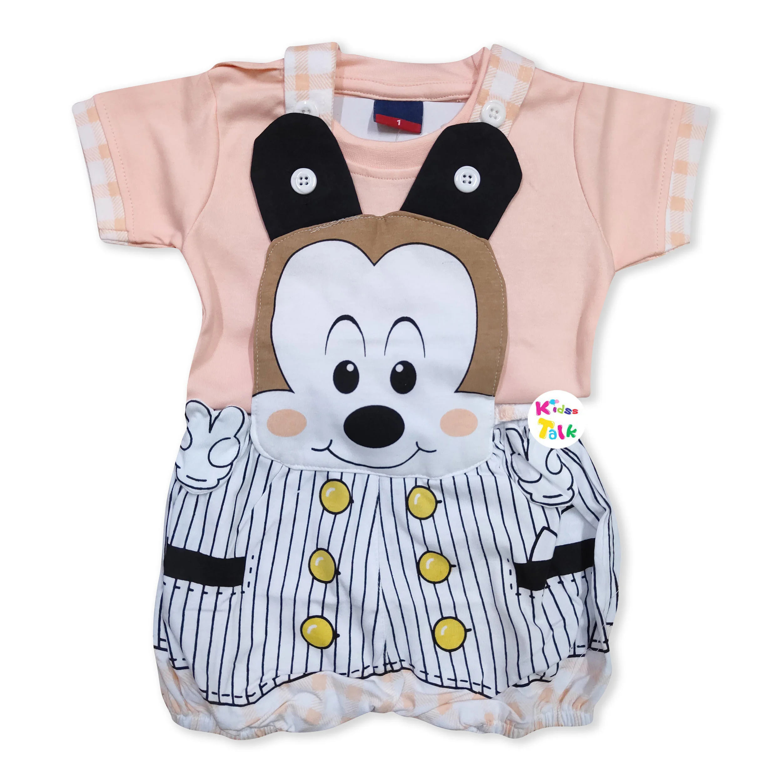 Cute Cotton Knitted Half Sleeve Dungaree Set With Cute Patch Work - Peach