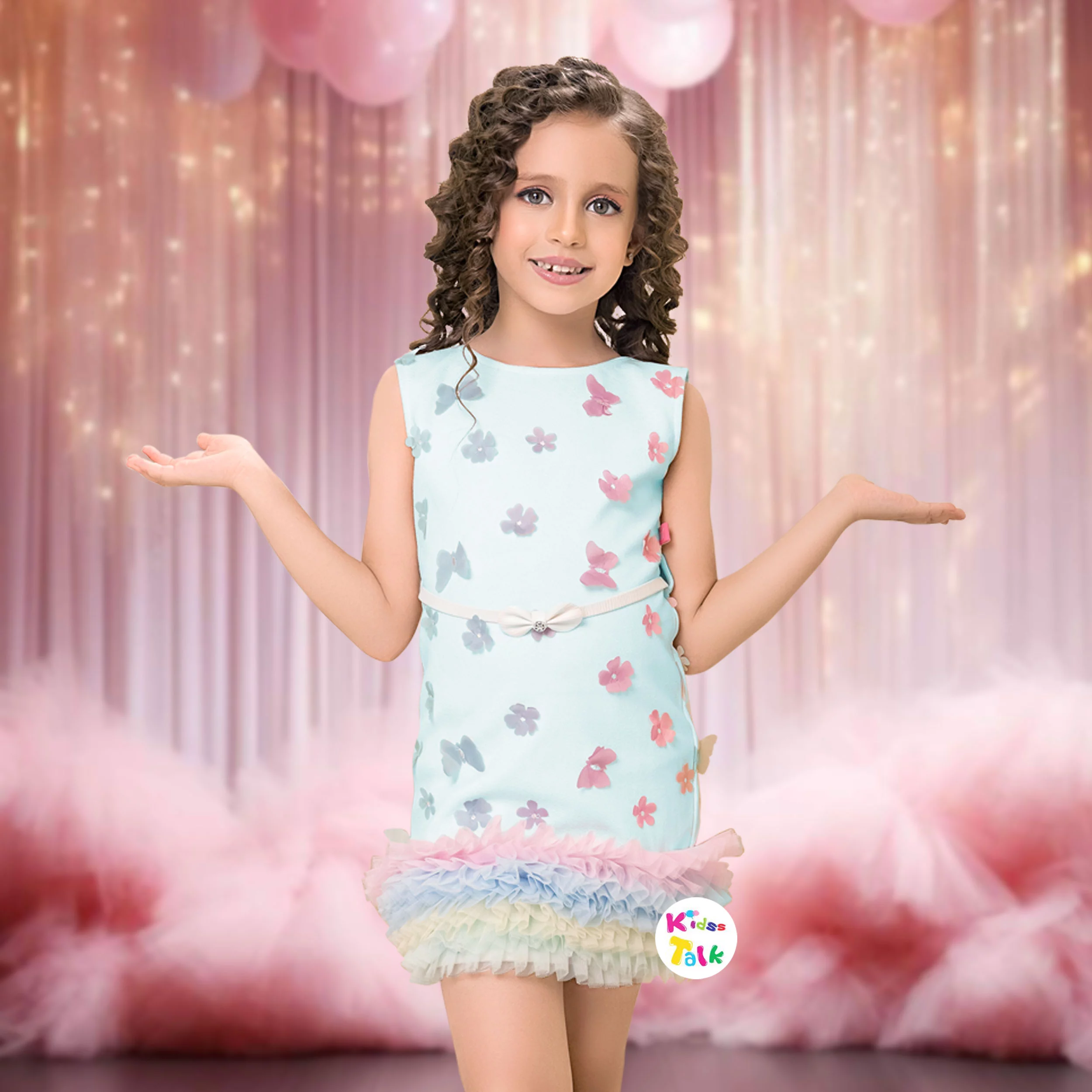 Shimmer Sleeveless Frock With Flower Applique- Ice Blue