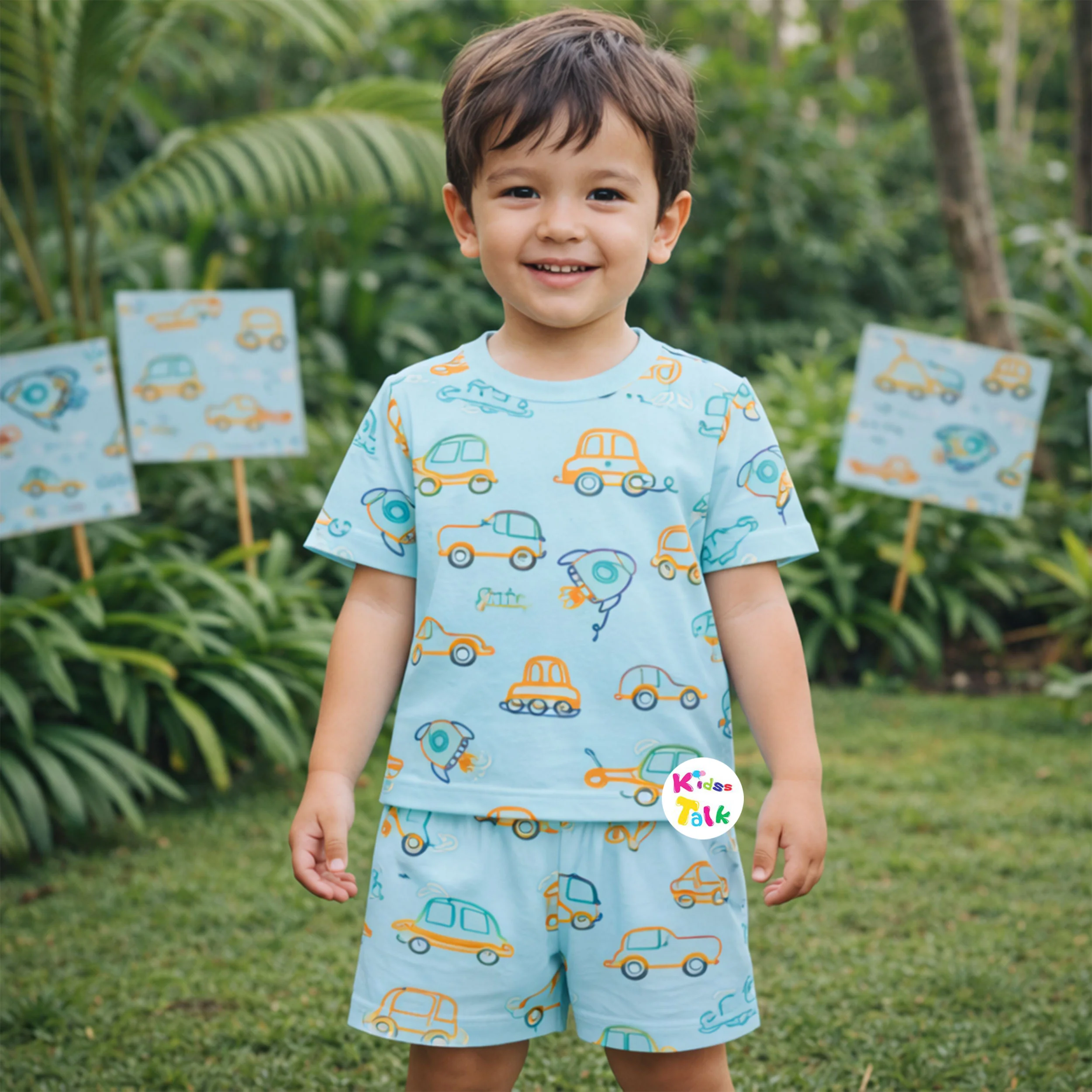 Cotton Knitted Half Sleeve T-shirt Set With Cute Printed - Ice Blue