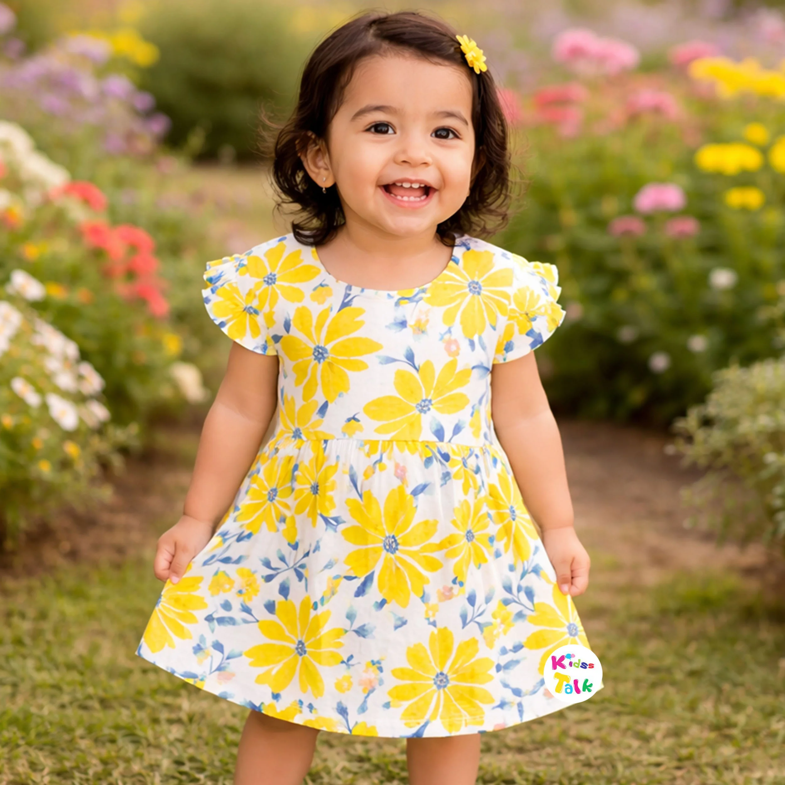 Cute Cotton Knitted Half Sleeve Printed Frock- Lemon Yellow