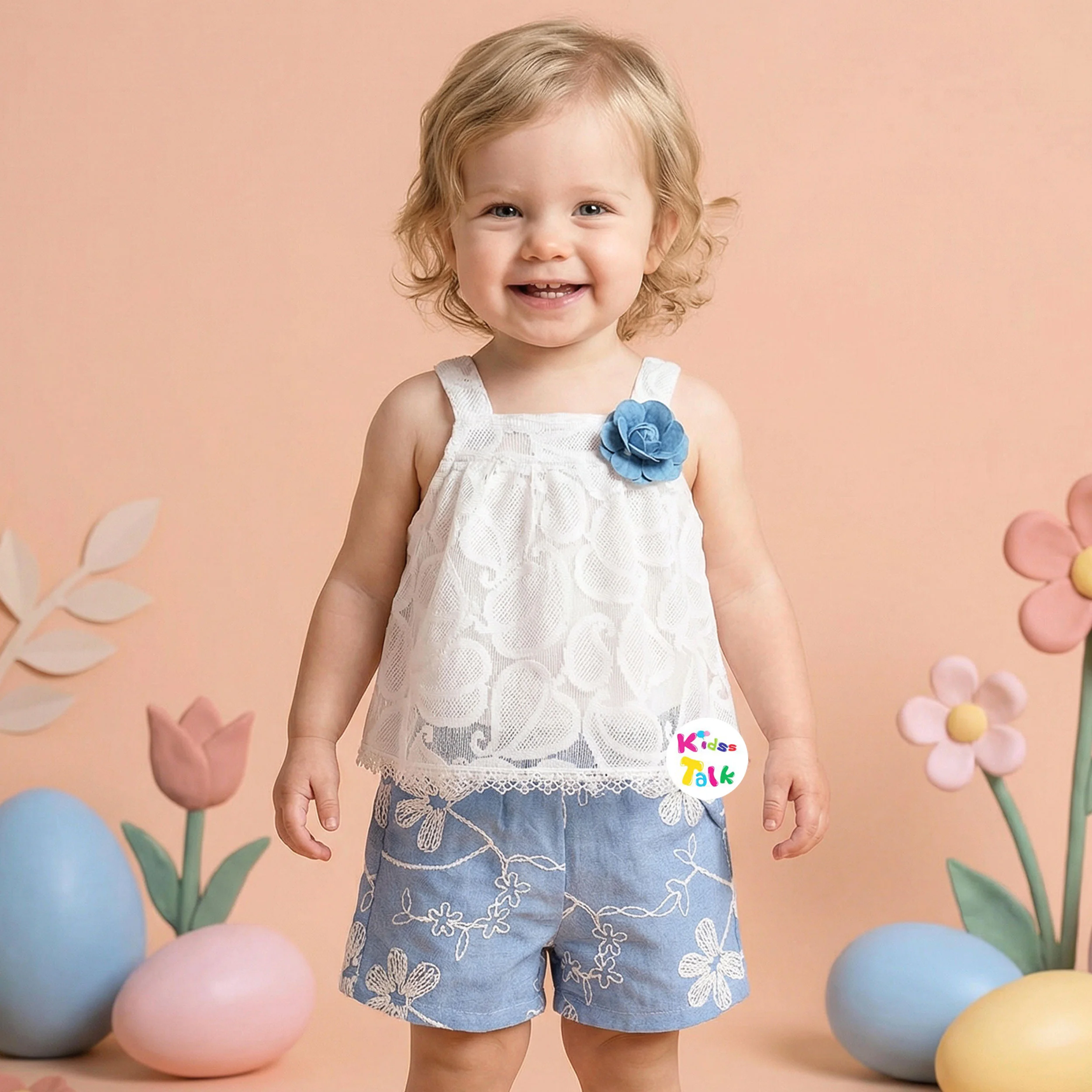 Cotton Sleeveless Top With Embroidered & Shorts - Ice Blue