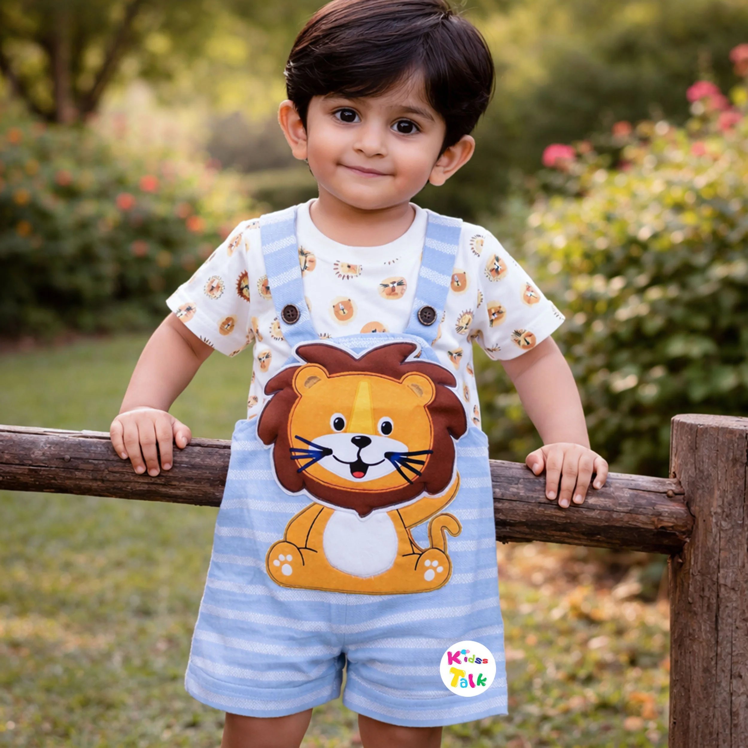 Cute Cotton Half Sleeve Printed Dungaree Set - Ice Blue