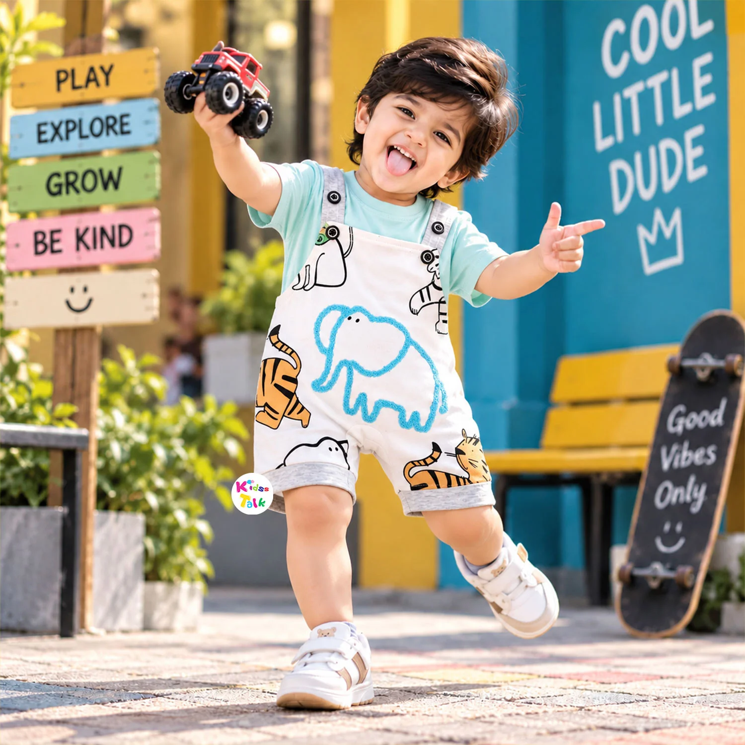 Cotton Half Sleeve Dungaree Set Boys - Ice Blue