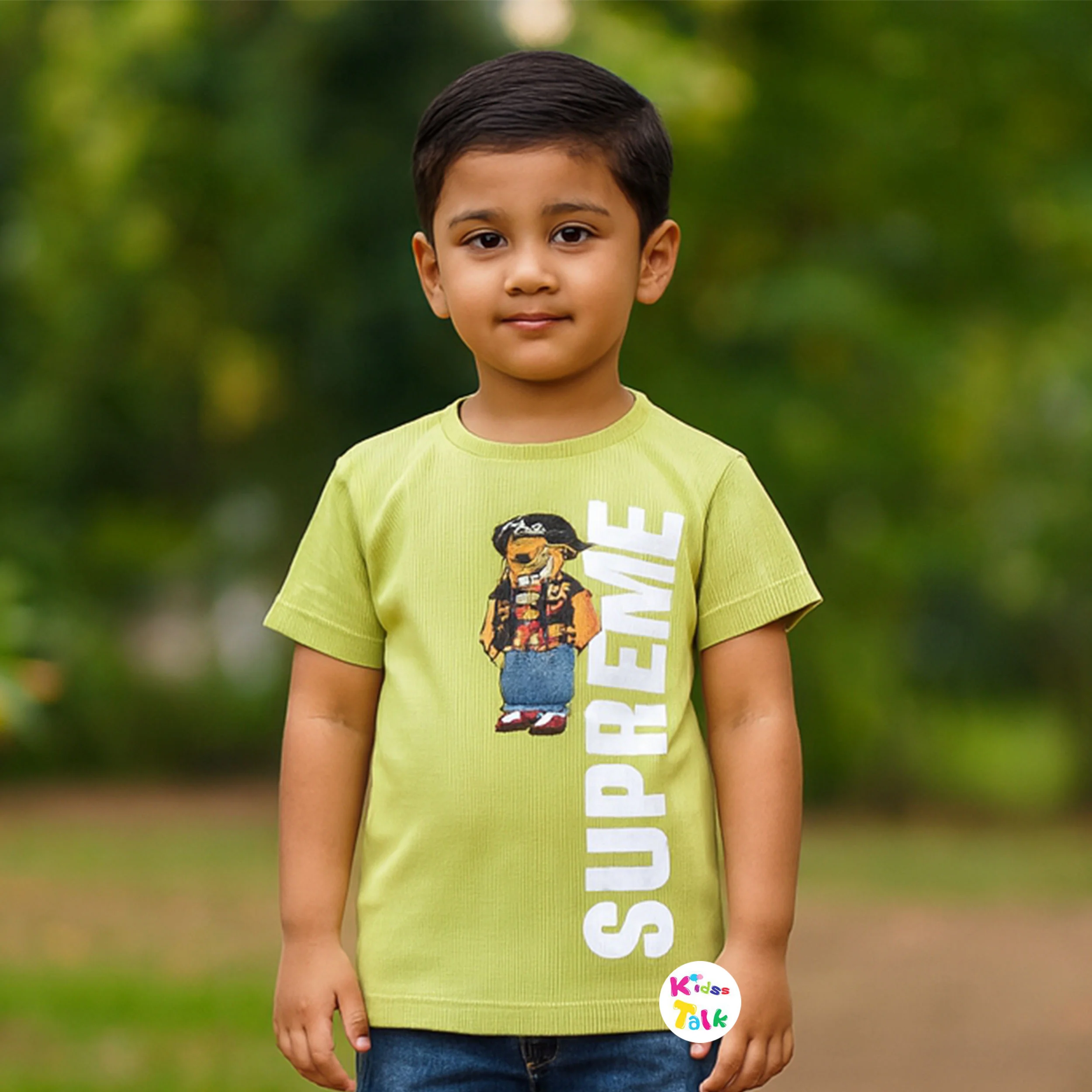 Cotton Knitted Half Sleeve T-shirt With Cute Patch Work - Pista Green