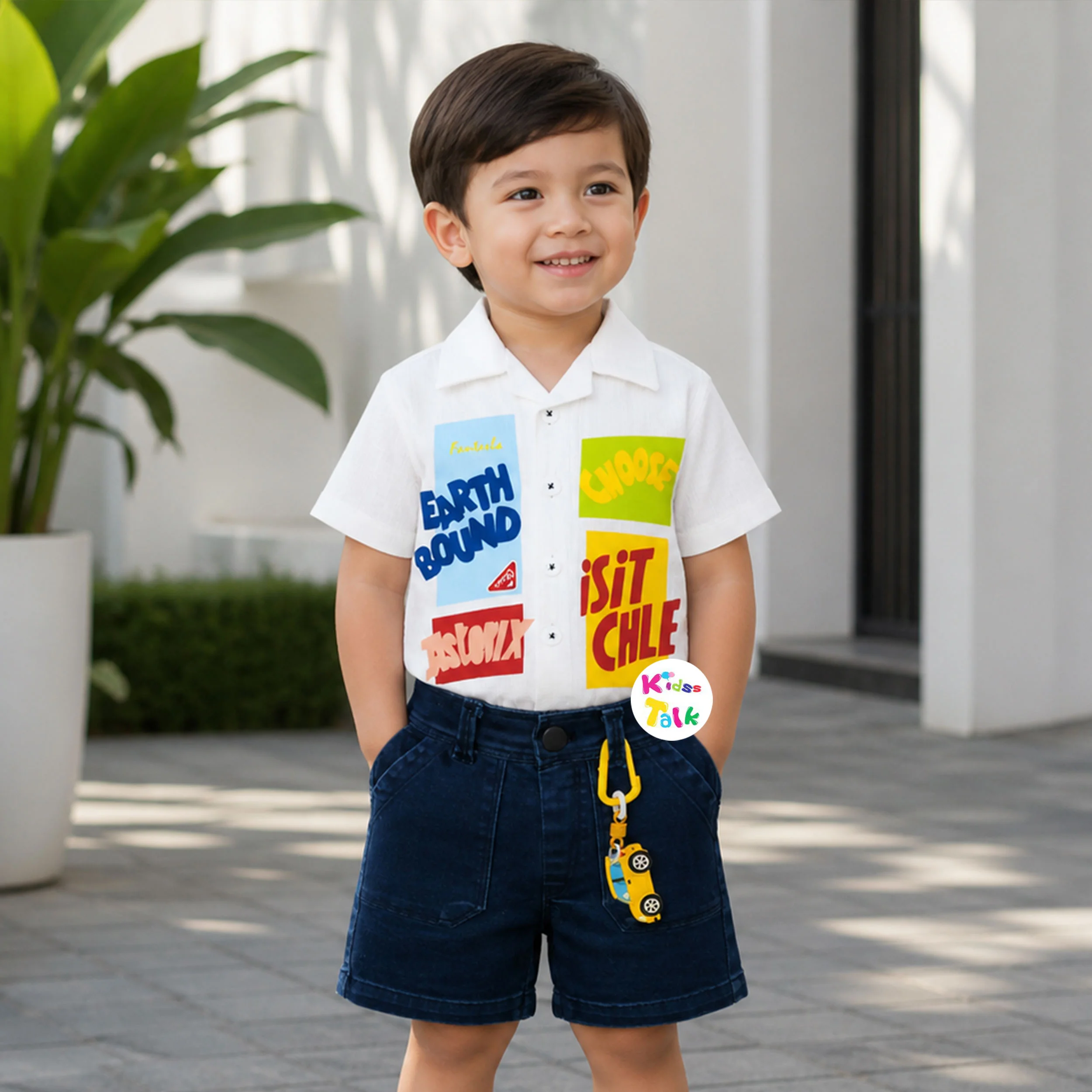 Cotton Half Sleeve Printed Shirt & Half Pant - White