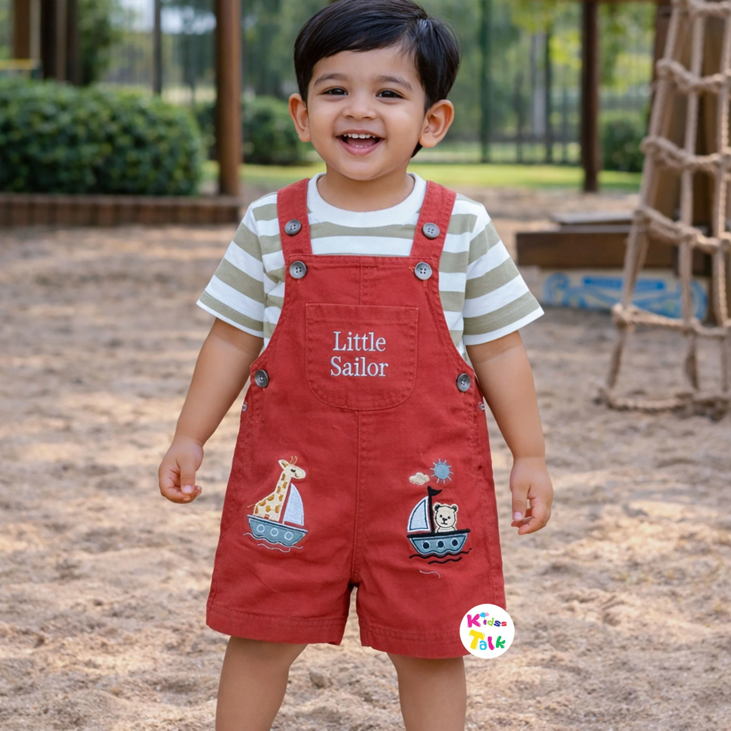 Cute Cotton Half Sleeve Dungaree Set With Cute Patch Work - Rust Orange
