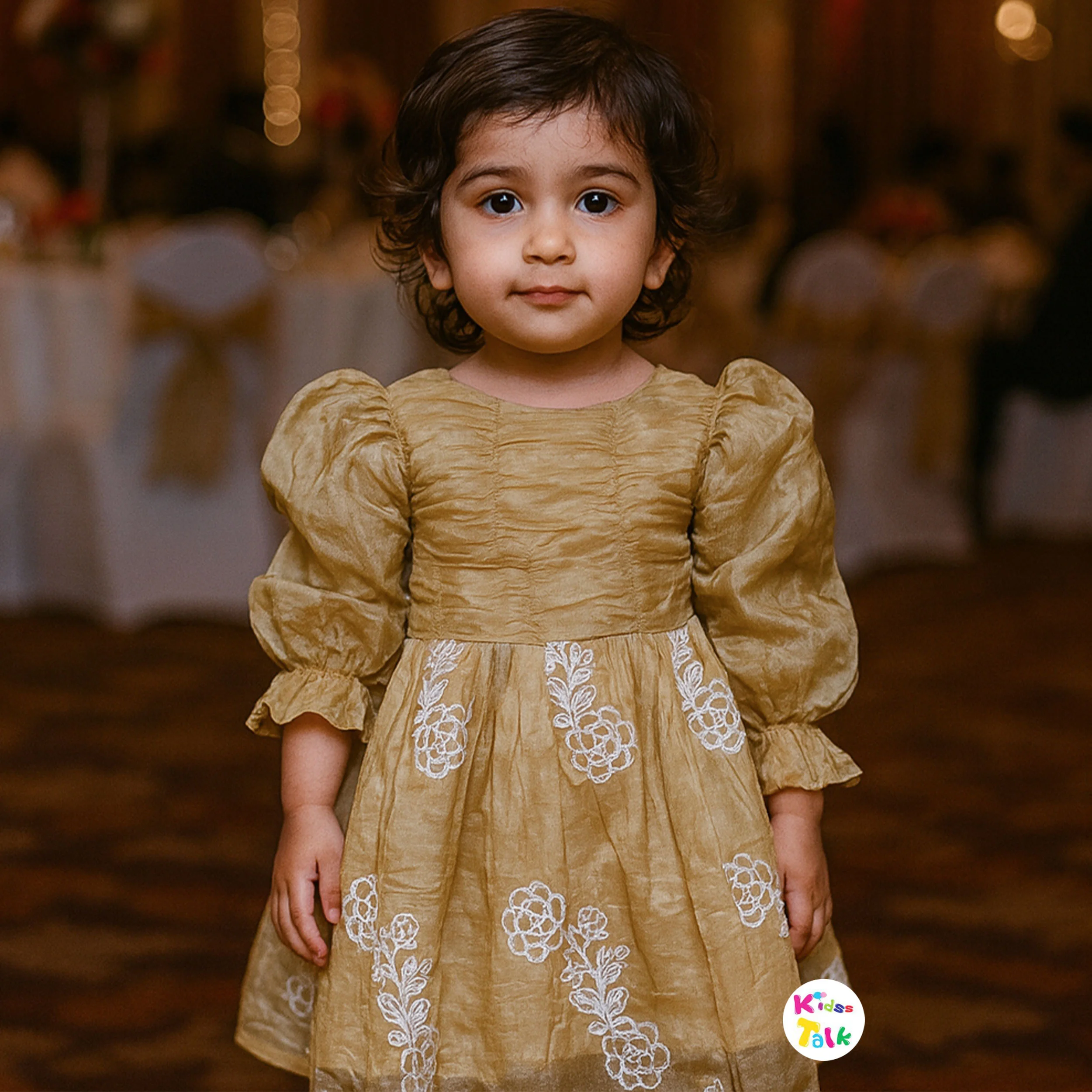 Satin Full Sleeve Frock With Embroidered - Golden