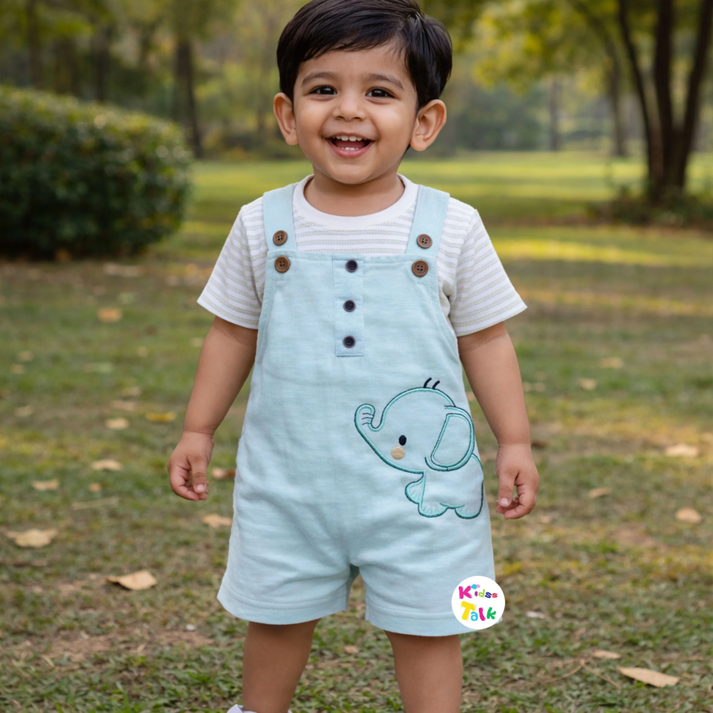 Cute Cotton Knitted Half Sleeve Dungaree Set With Cute Patch Work - Mint Green