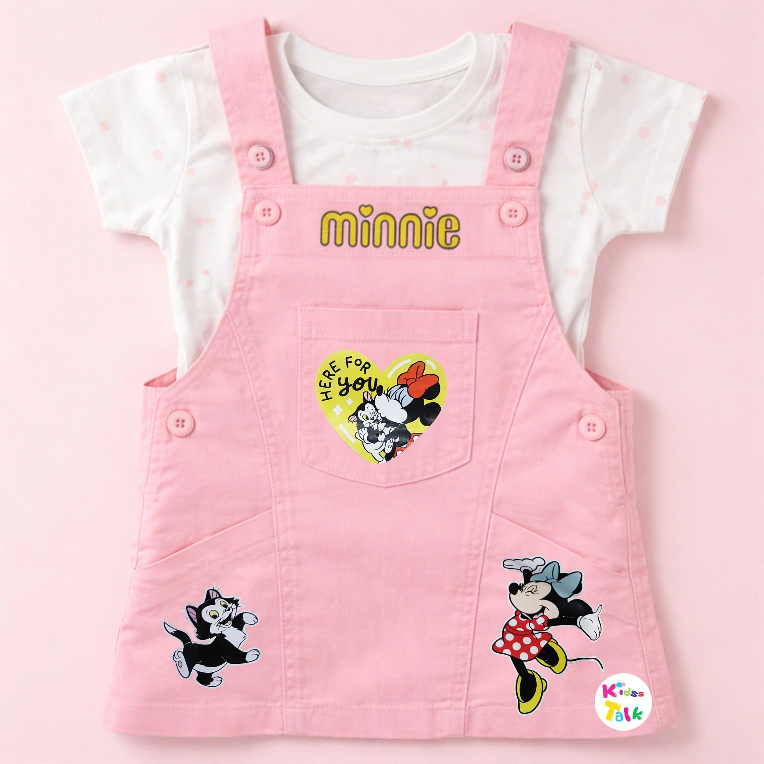 Denim Half Sleeve Printed Pinafore - Baby Pink