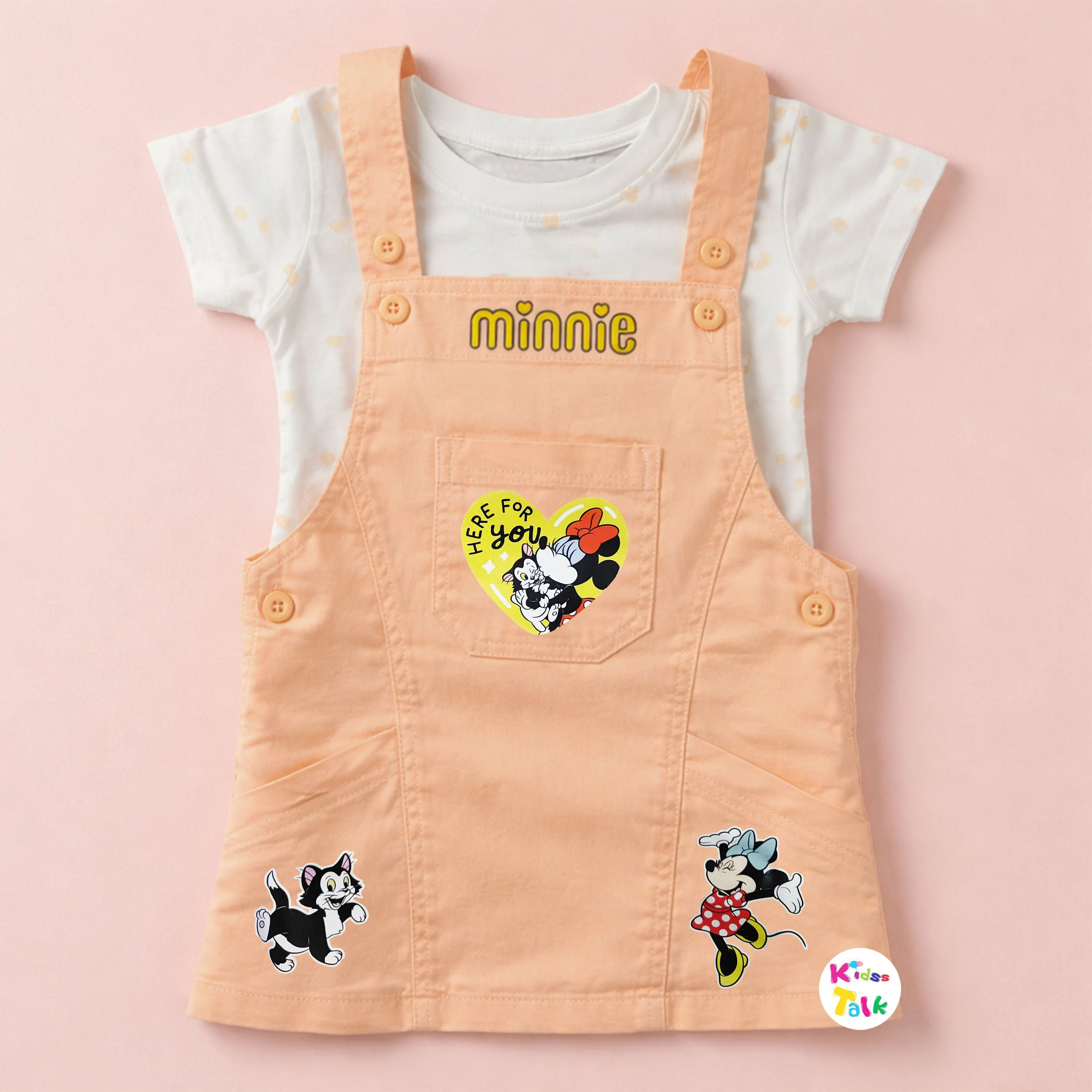 Denim Half Sleeve Printed Pinafore - Peach