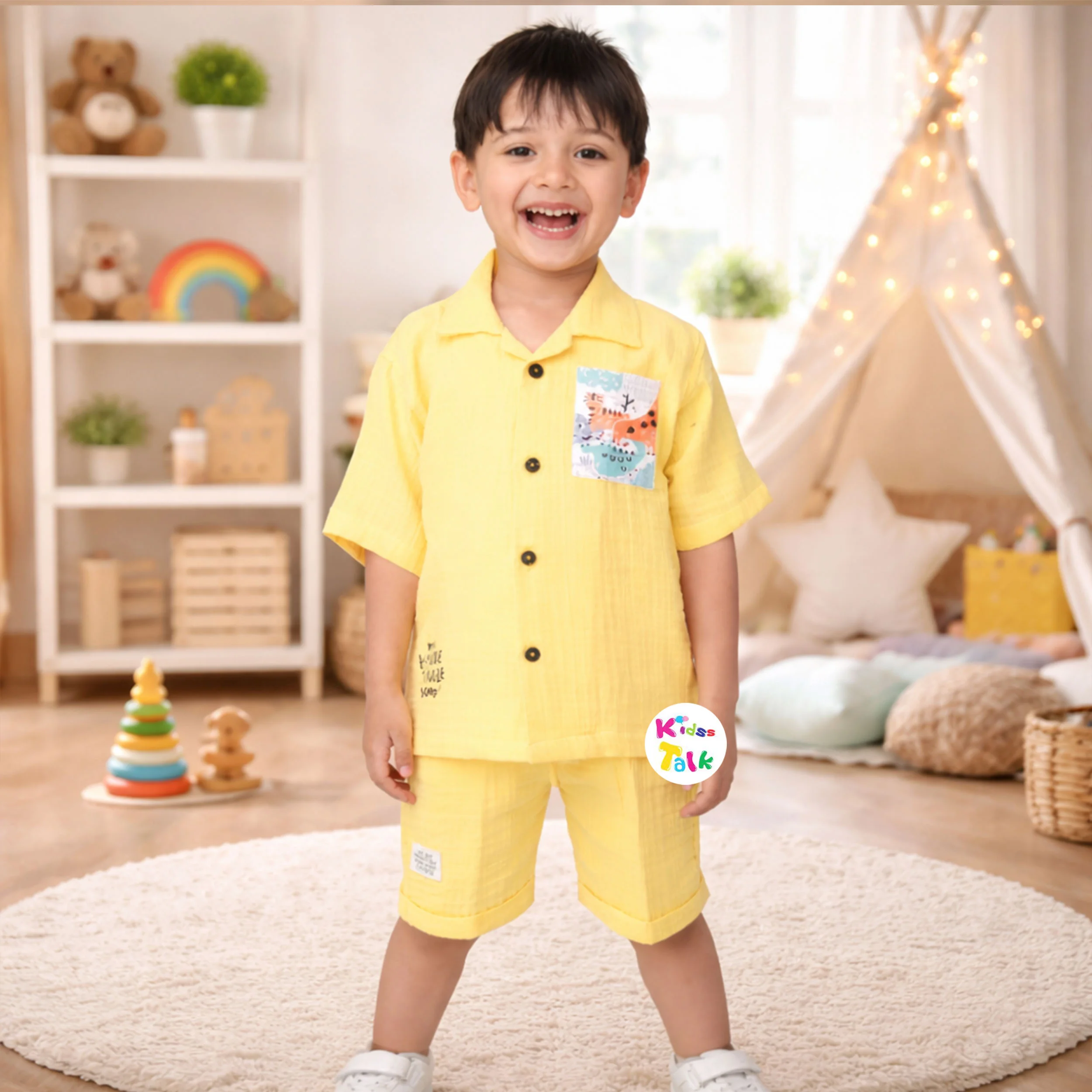 Muslin Half Sleeve Shirt & Half Pant - Lemon Yellow