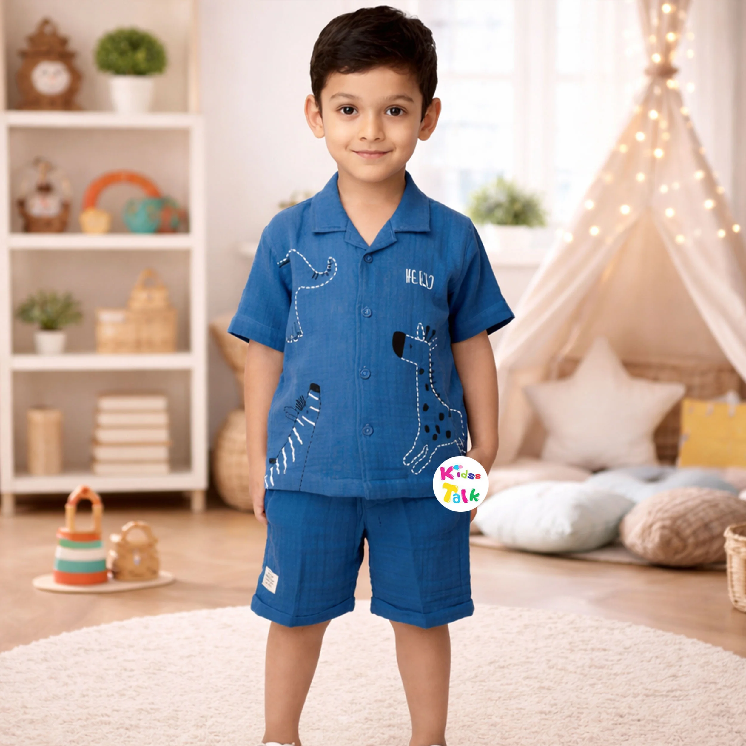 Muslin Half Sleeve Shirt & Half Pant - Navy Blue