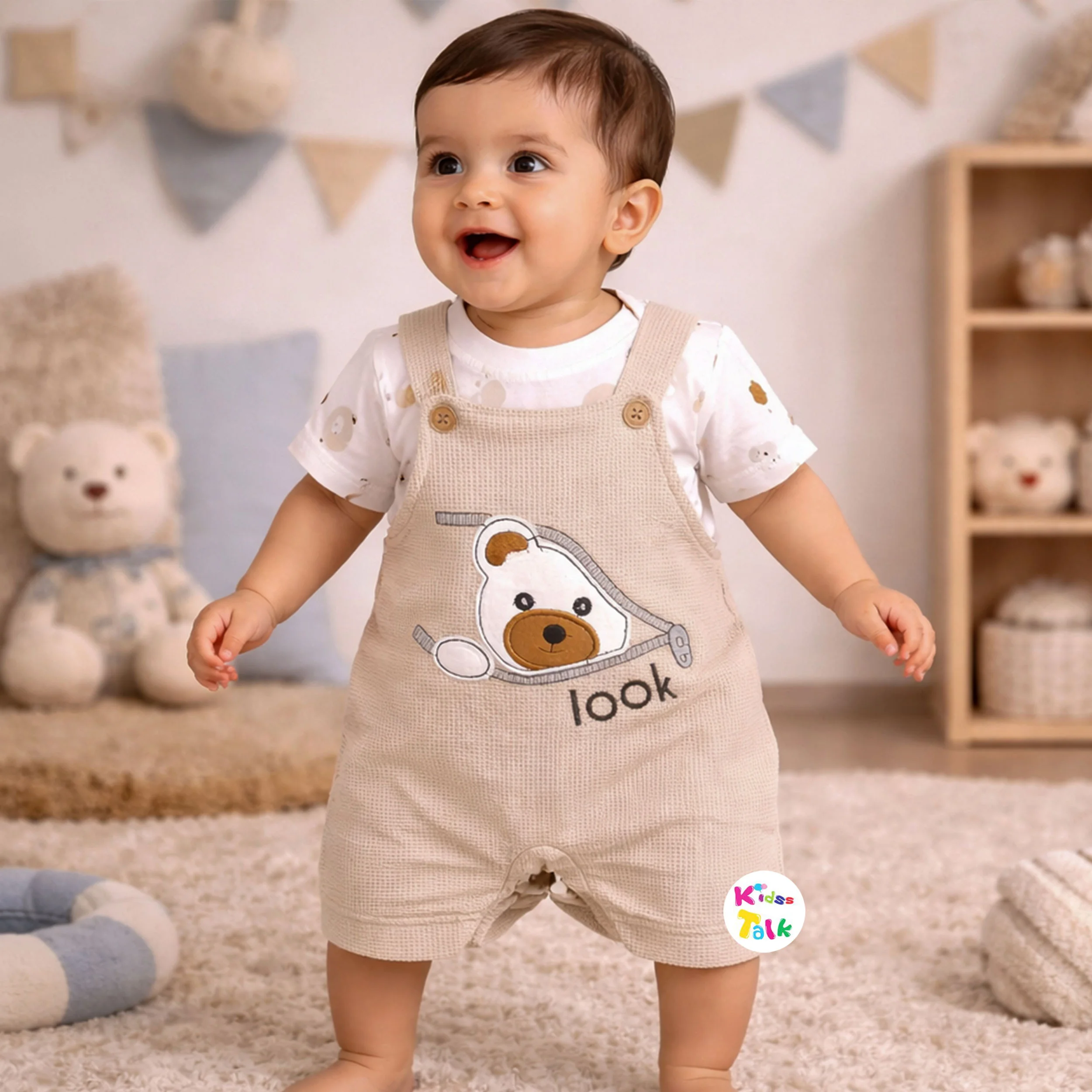 Cute Cotton Knitted Half Sleeve Dungaree Set With Cute Patch Work - Beige