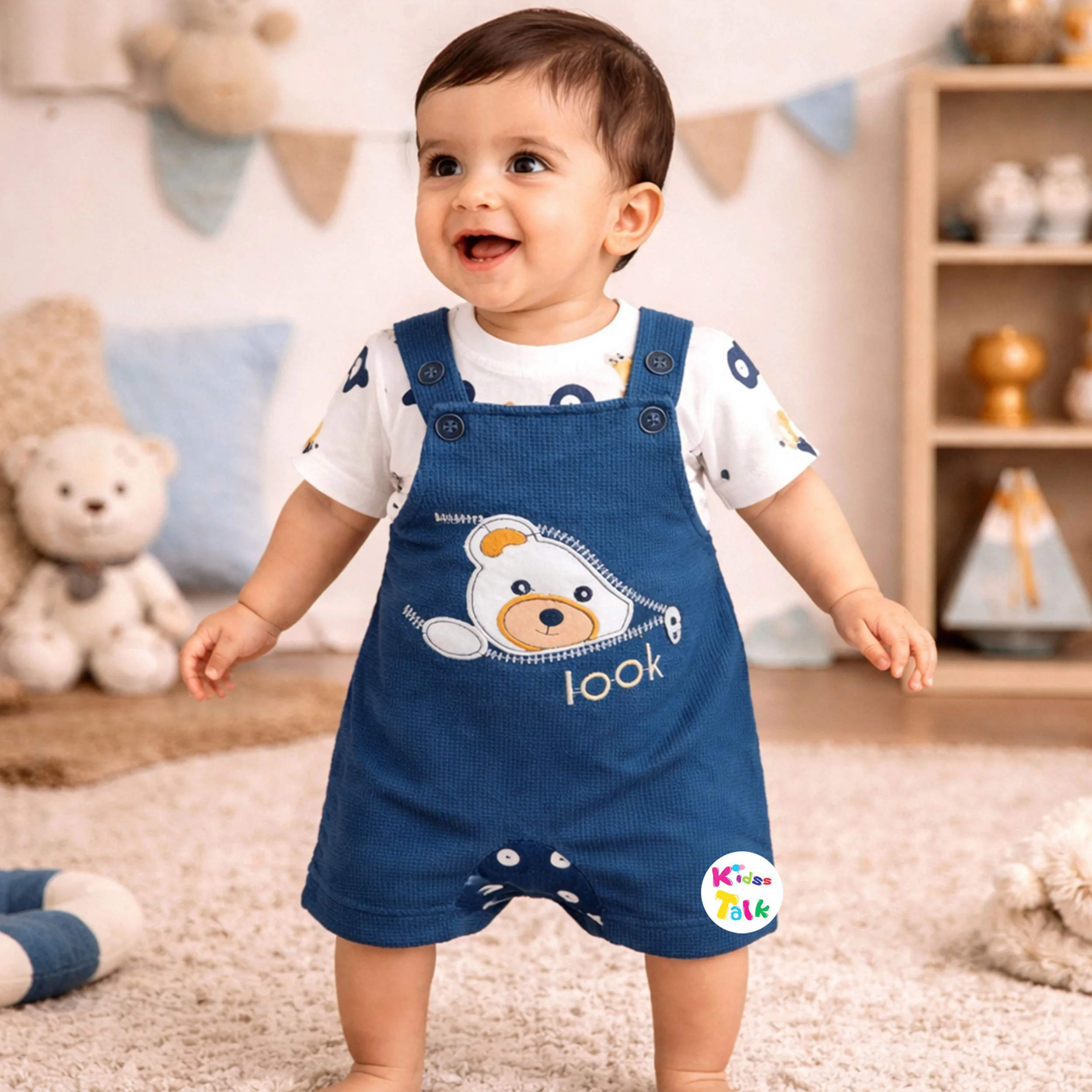 Cute Cotton Knitted Half Sleeve Dungaree Set With Cute Patch Work - Navy Blue