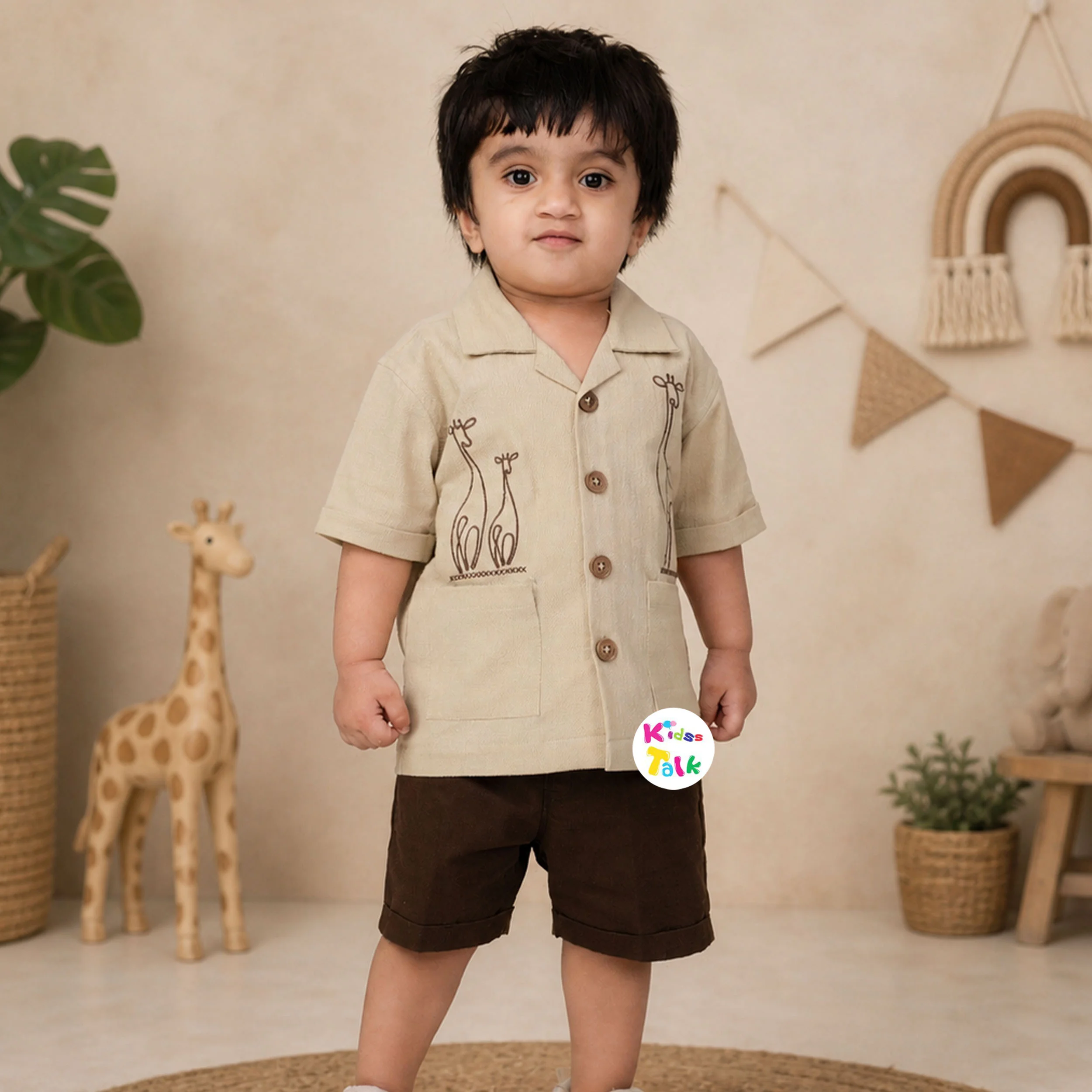 Cotton Half Sleeve Embroidered Shirt & Half Pant - Beige