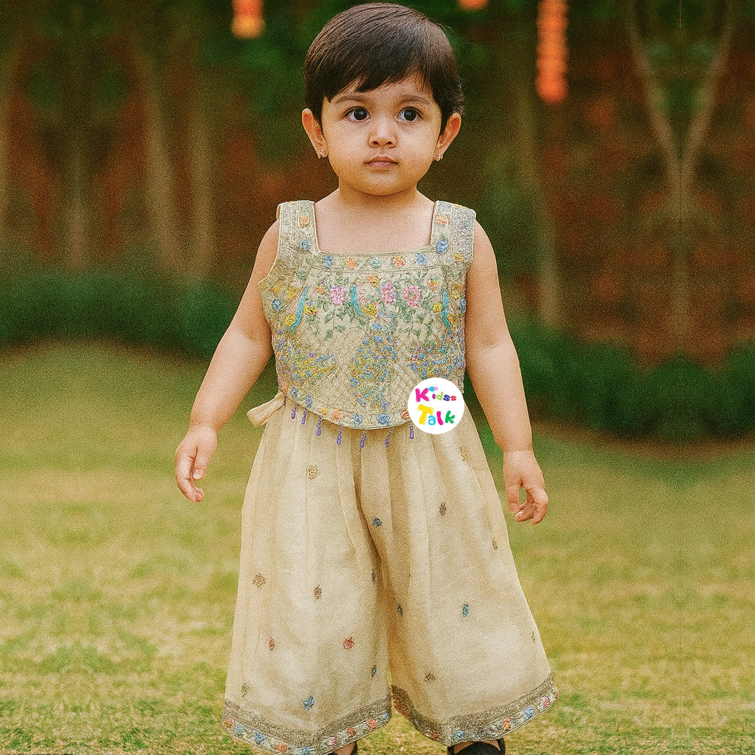 Georgette Sleeveless Embroidered Kurta With Gharara & Dupatta - Beige