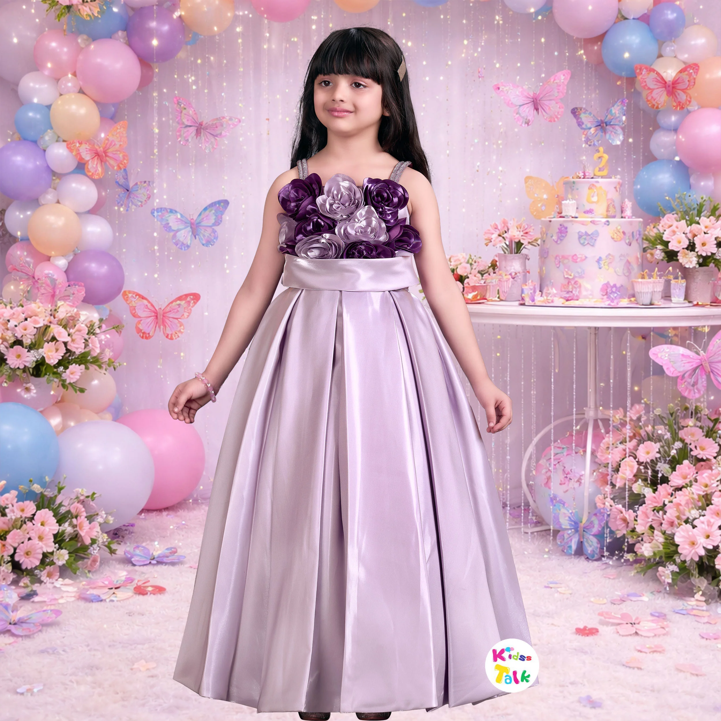 Satin Sleeveless Party Gown With Flower Applique - Lavender