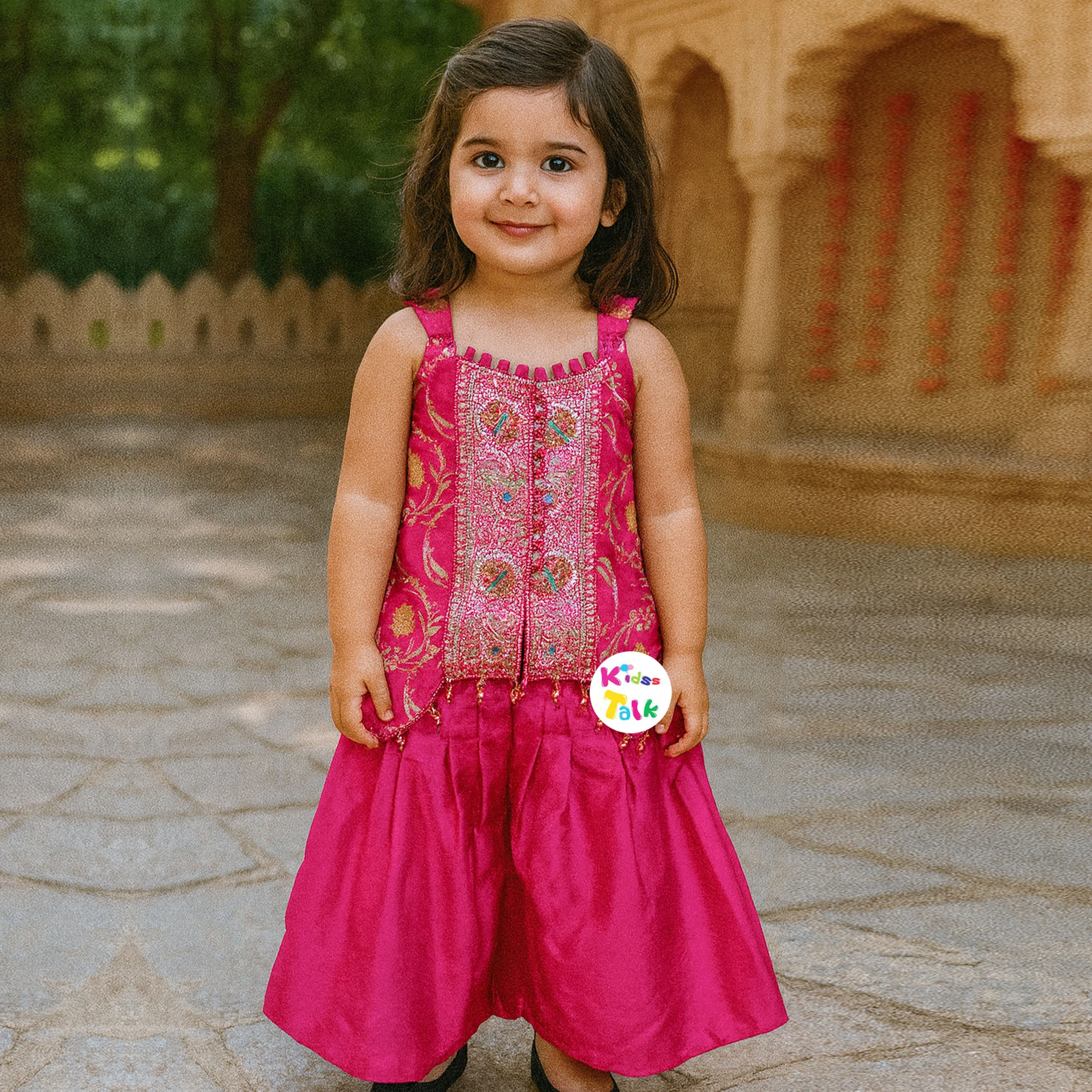 Cotton Silk Sleeveless Embroidered Kurta With Gharara & Dupatta - Hot Pink