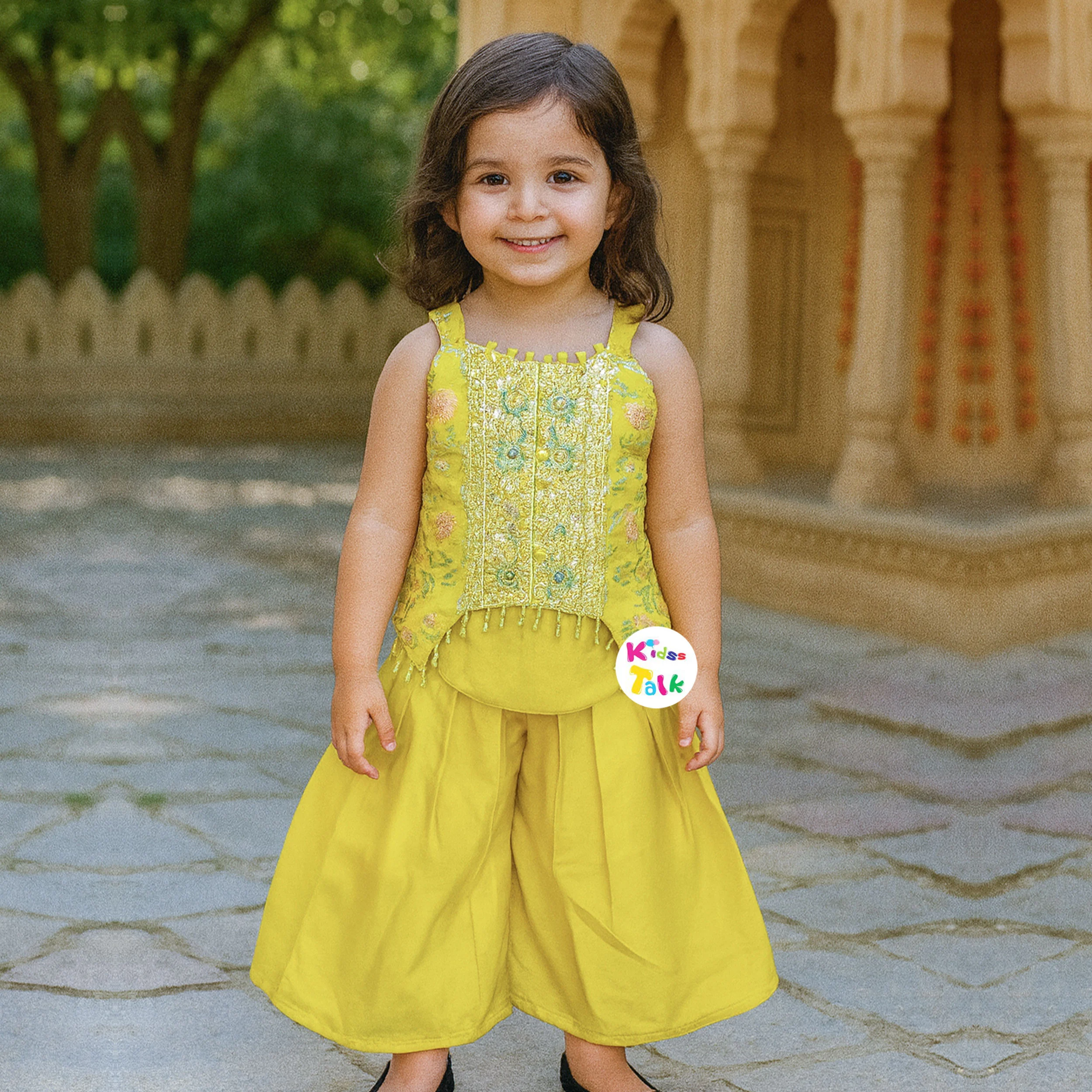 Cotton Silk Sleeveless Embroidered Kurta With Gharara & Dupatta - Lemon Yellow