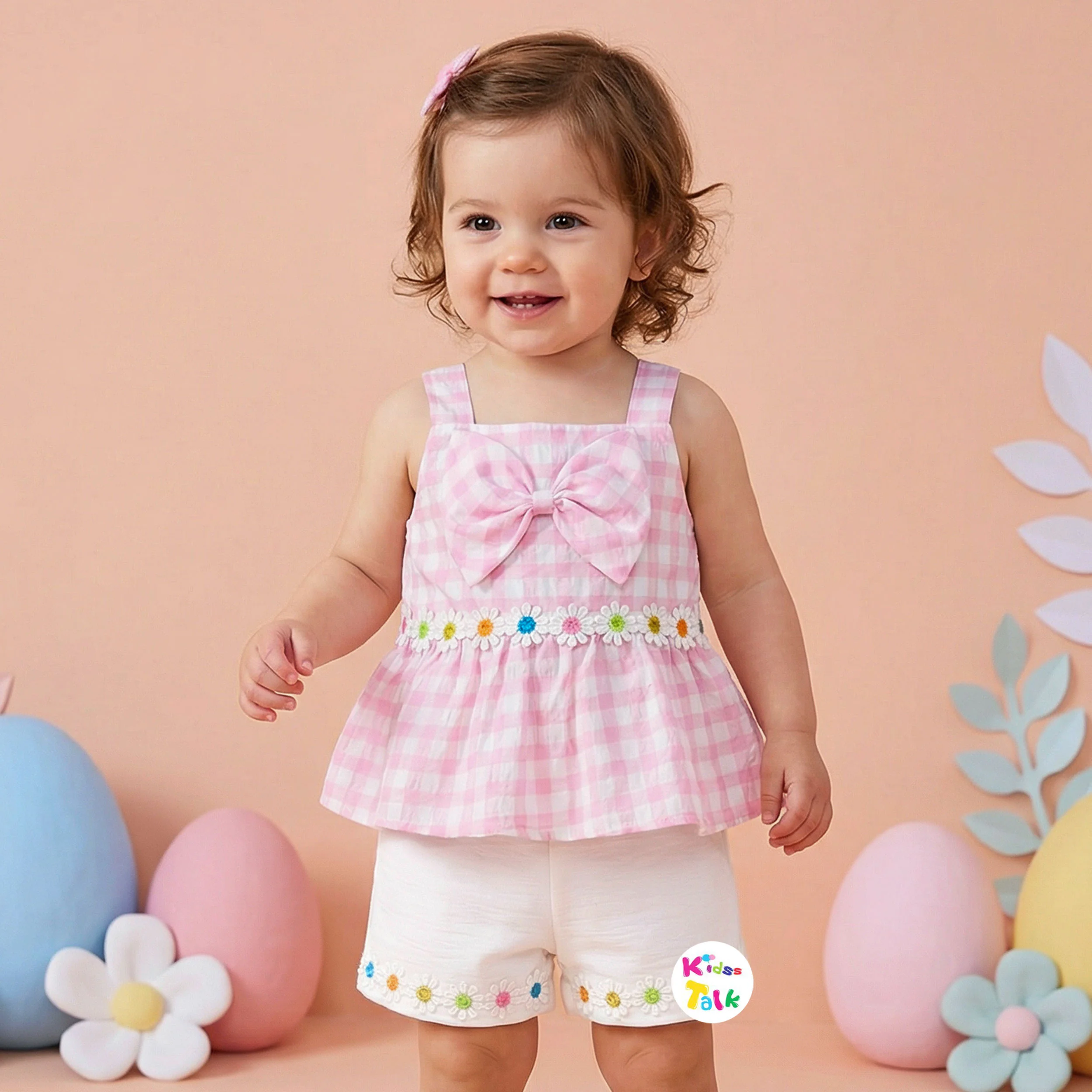 Cotton Sleeveless Top With Cute Bow & Half Pant - Baby Pink