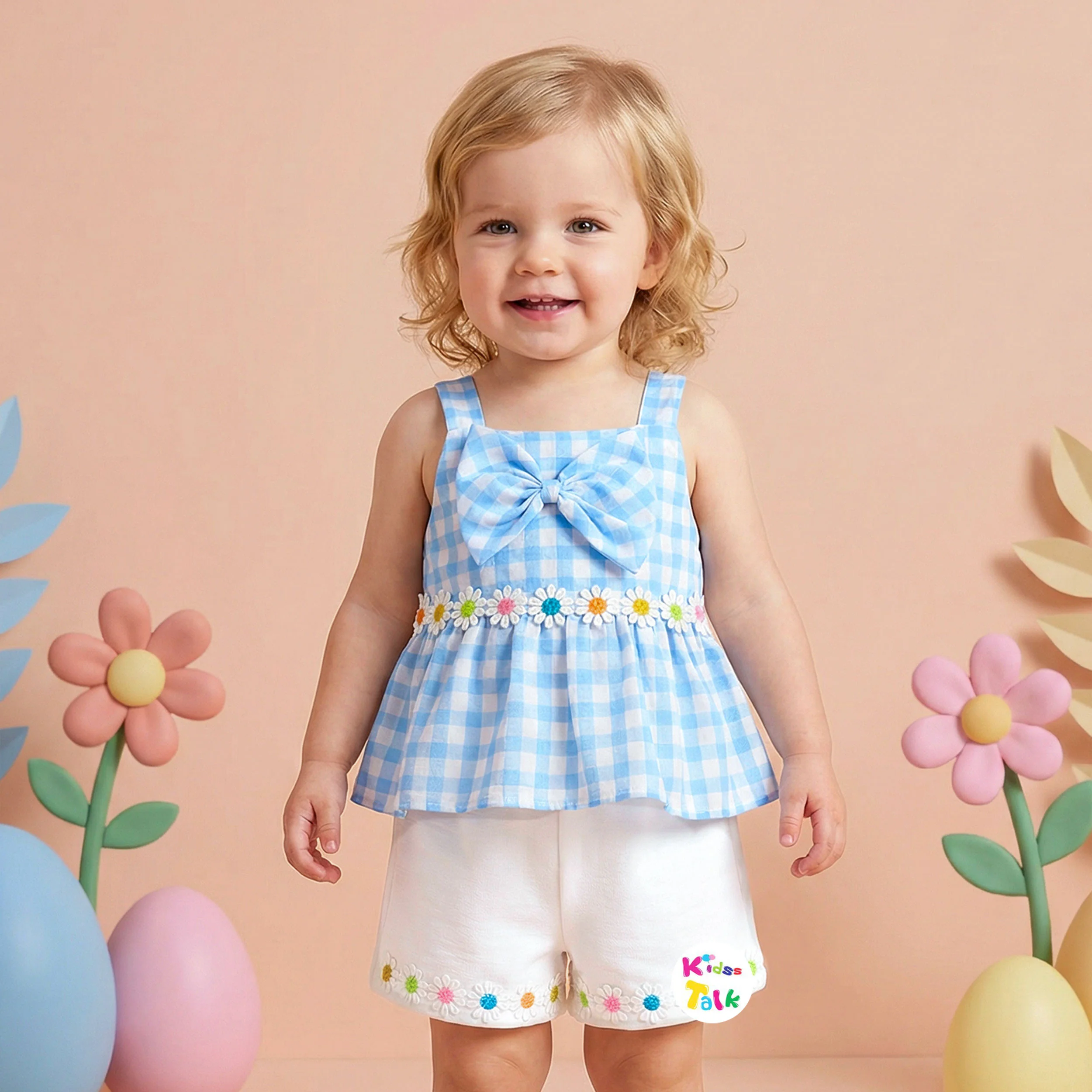 Cotton Sleeveless Top With Cute Bow & Half Pant - Ice Blue