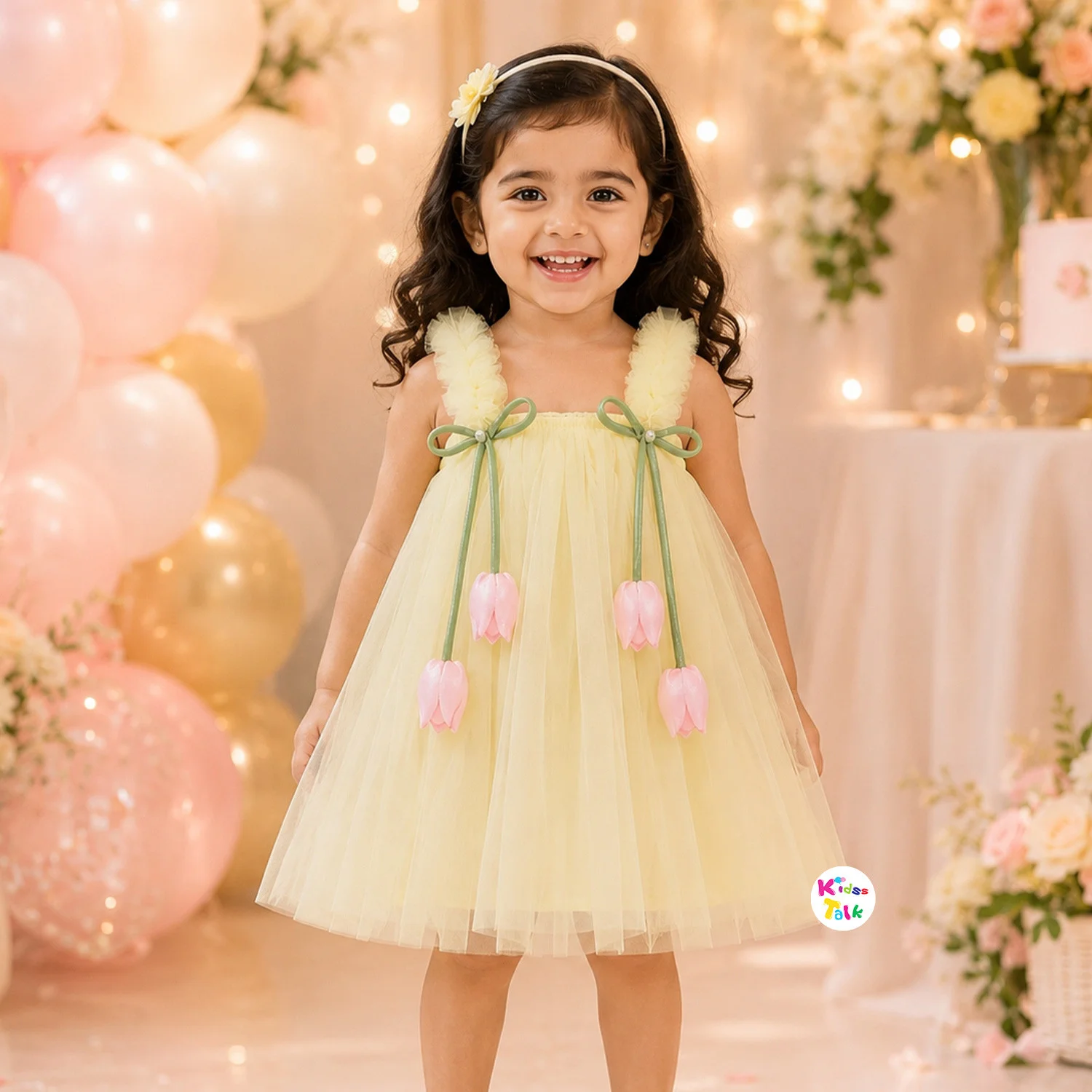 Net Spaghetti Strap Frock With Artificial Flower - Lemon Yellow