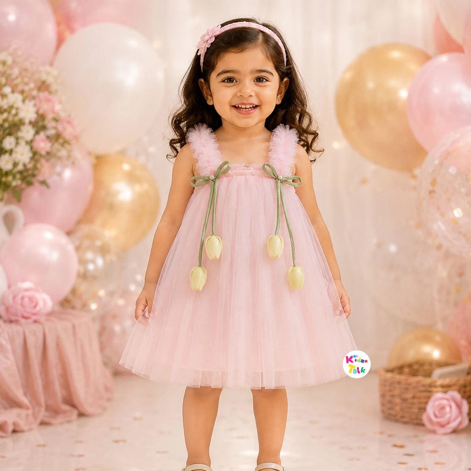 Net Spaghetti Strap Frock With Artificial Flower - Peach