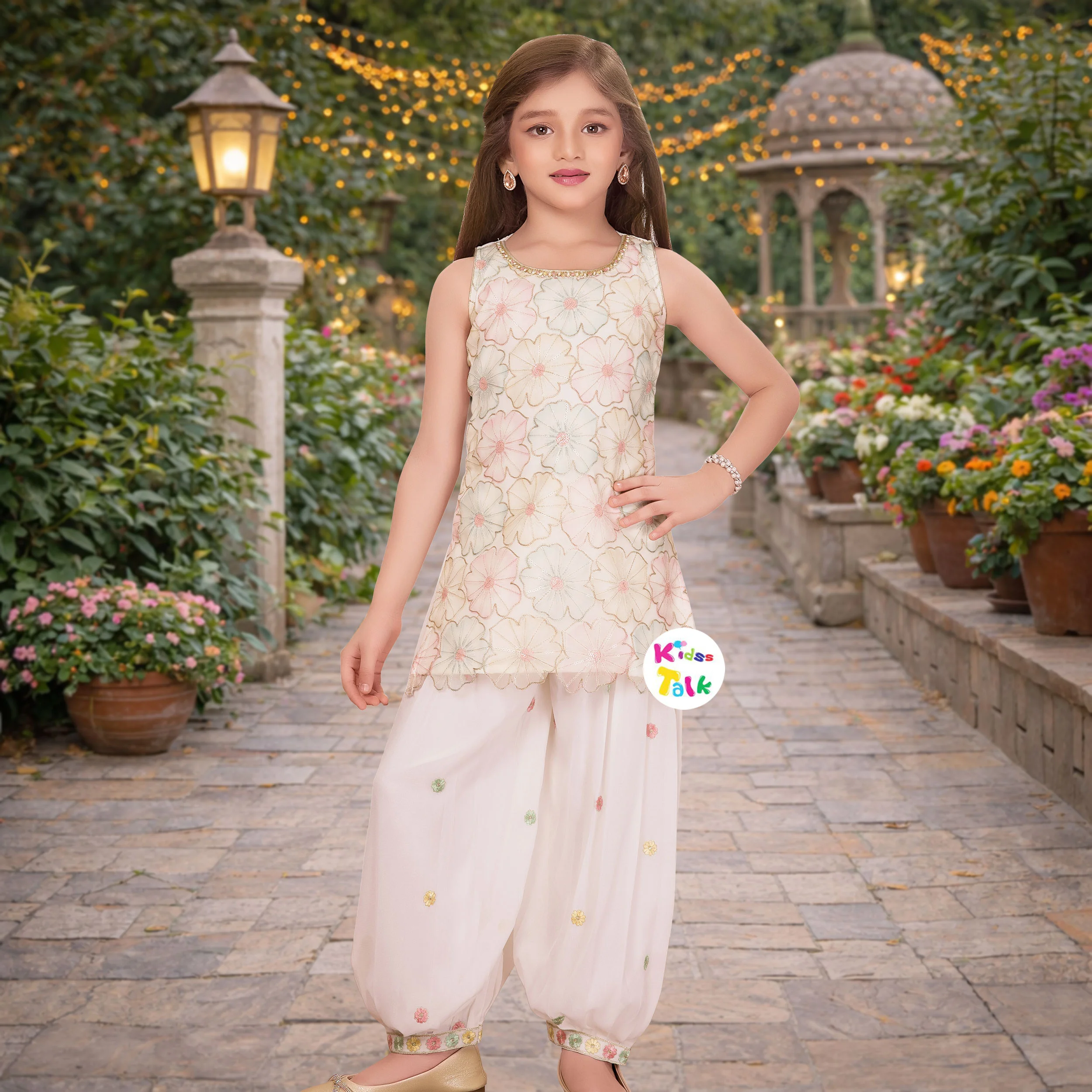 Georgette Zardhosi Worked Sleeveless Kurta With Salwar & Dupatta - Cream