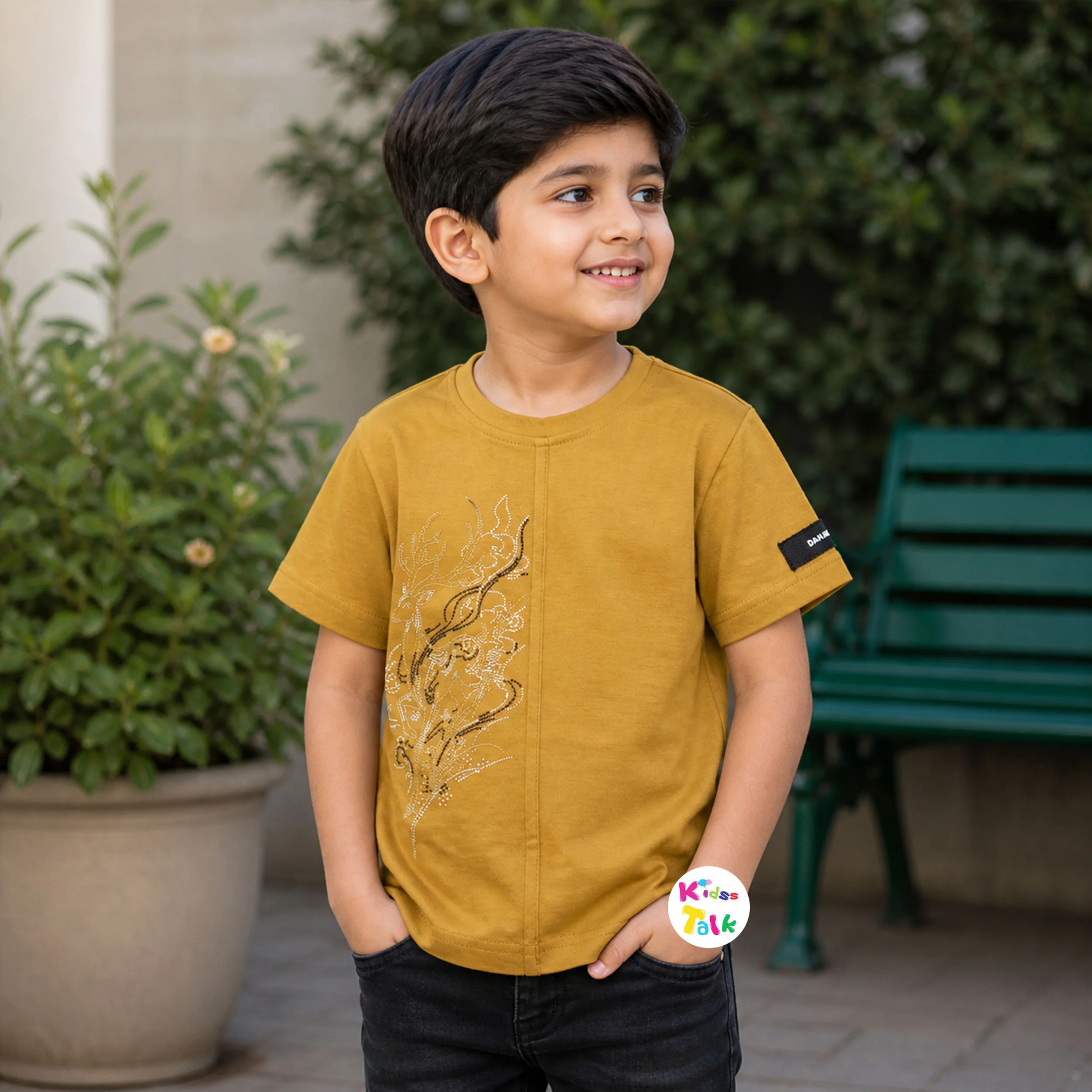 Cotton Knitted Half Sleeve T-shirt With Cute Patch Work - Brown