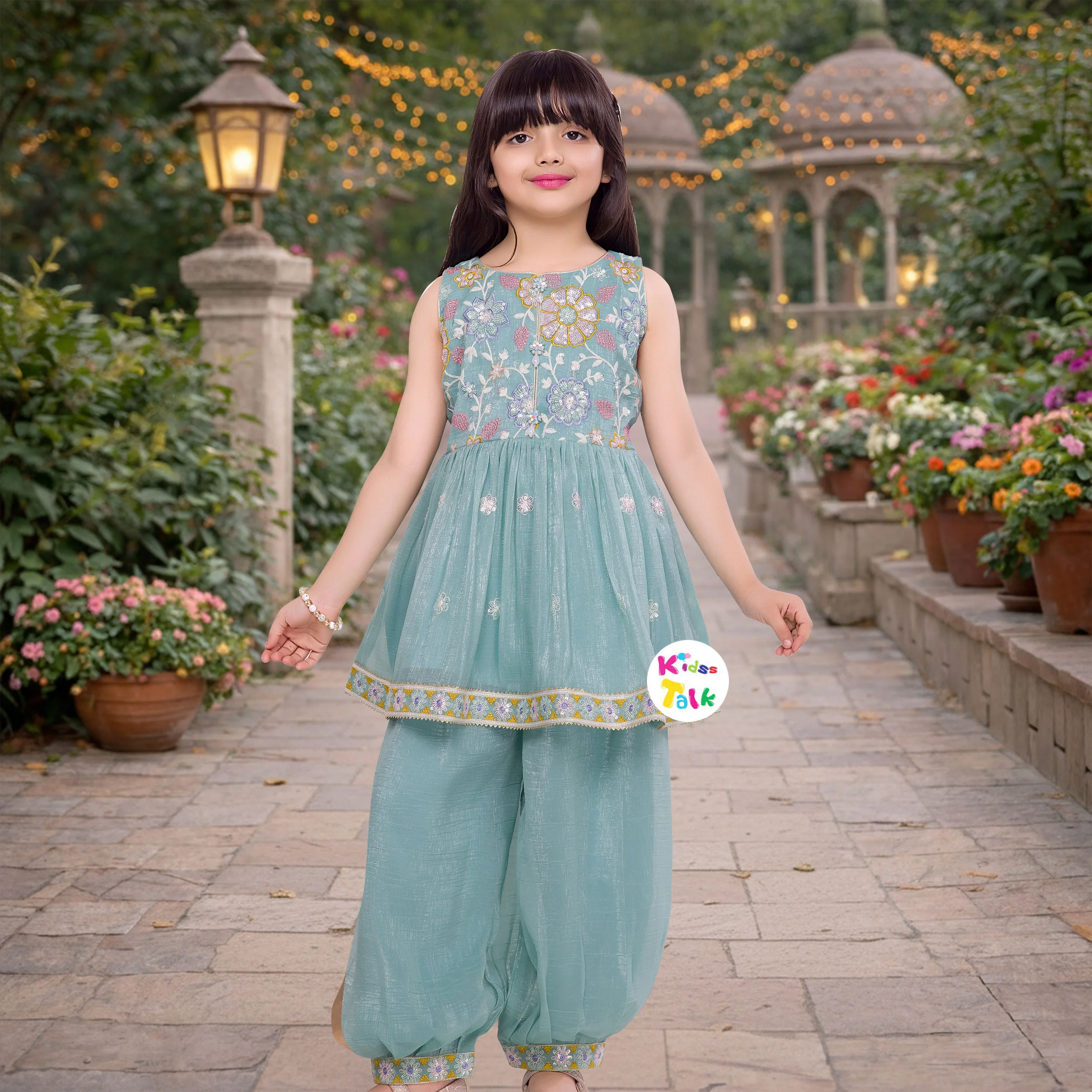 Silk Zardhosi Worked Sleeveless Kurta With Dhoti & Dupatta - Blue