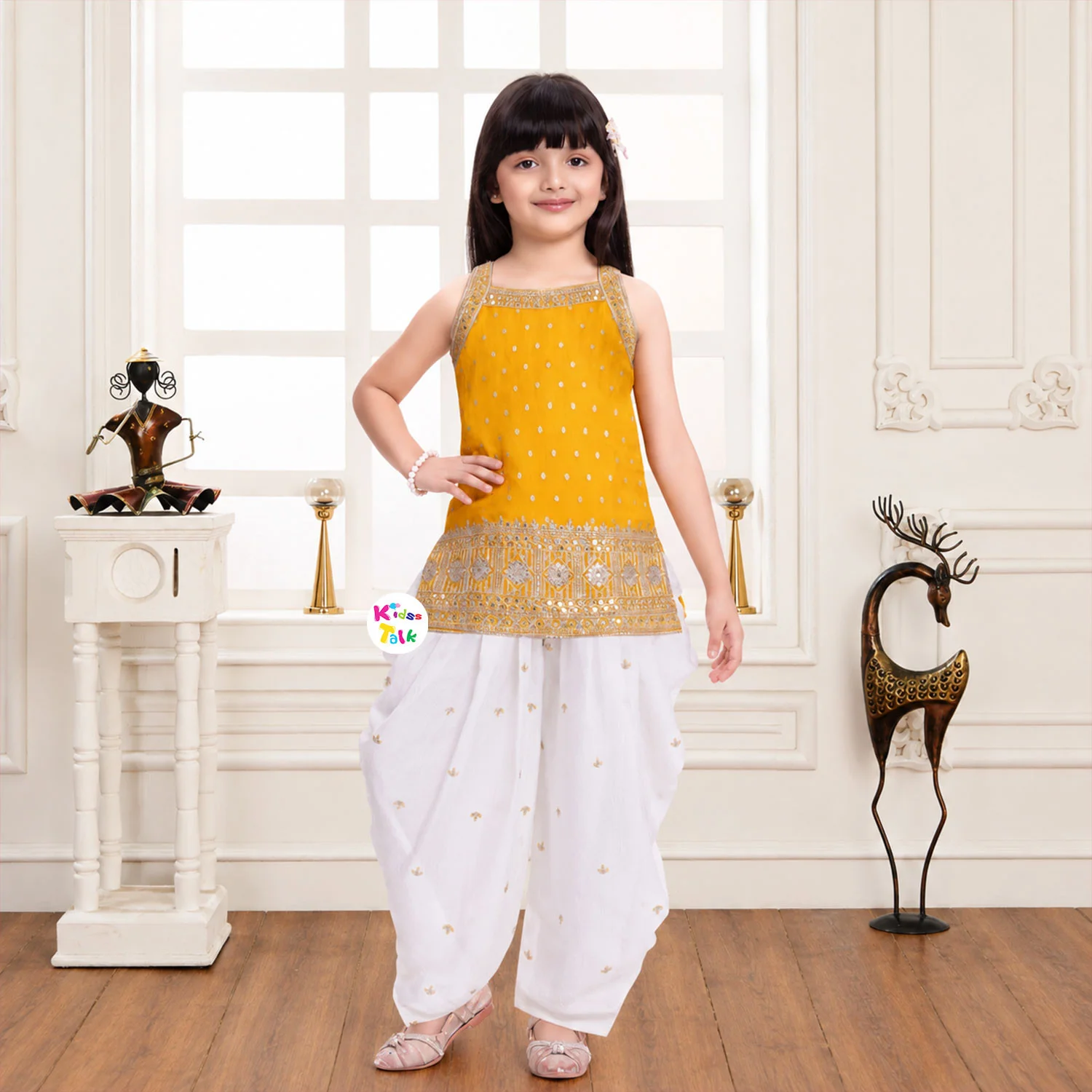 Georgette Sleeveless Embroidered Kurta With Dhoti & Dupatta - Yellow