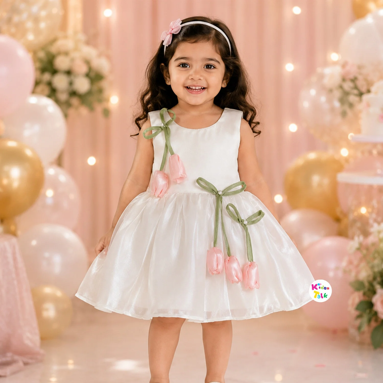 Satin Sleeveless Frock With Artificial Flower - Cream