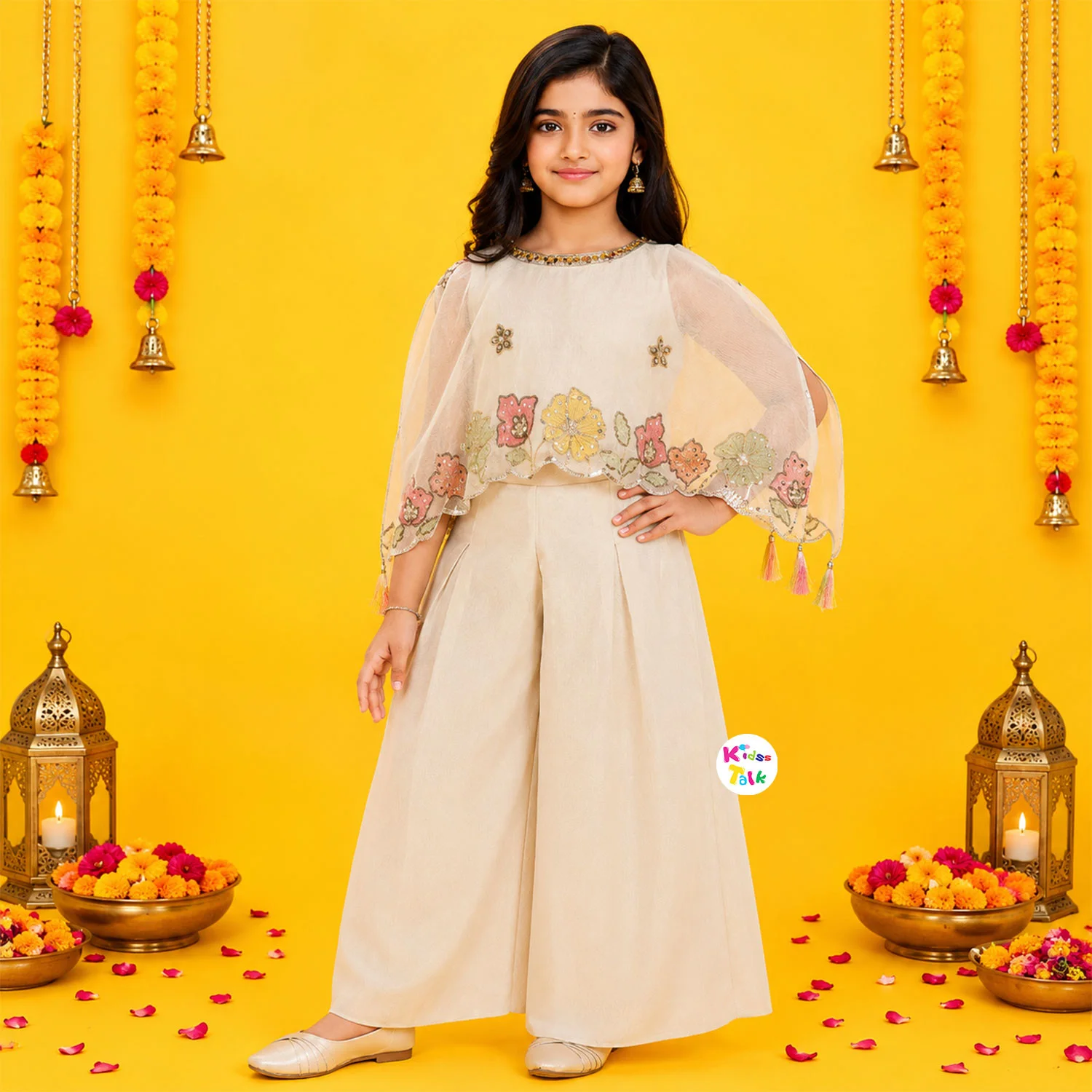 Organza Sequins Worked Sleeveless Top With Gharara & Dupatta - Cream