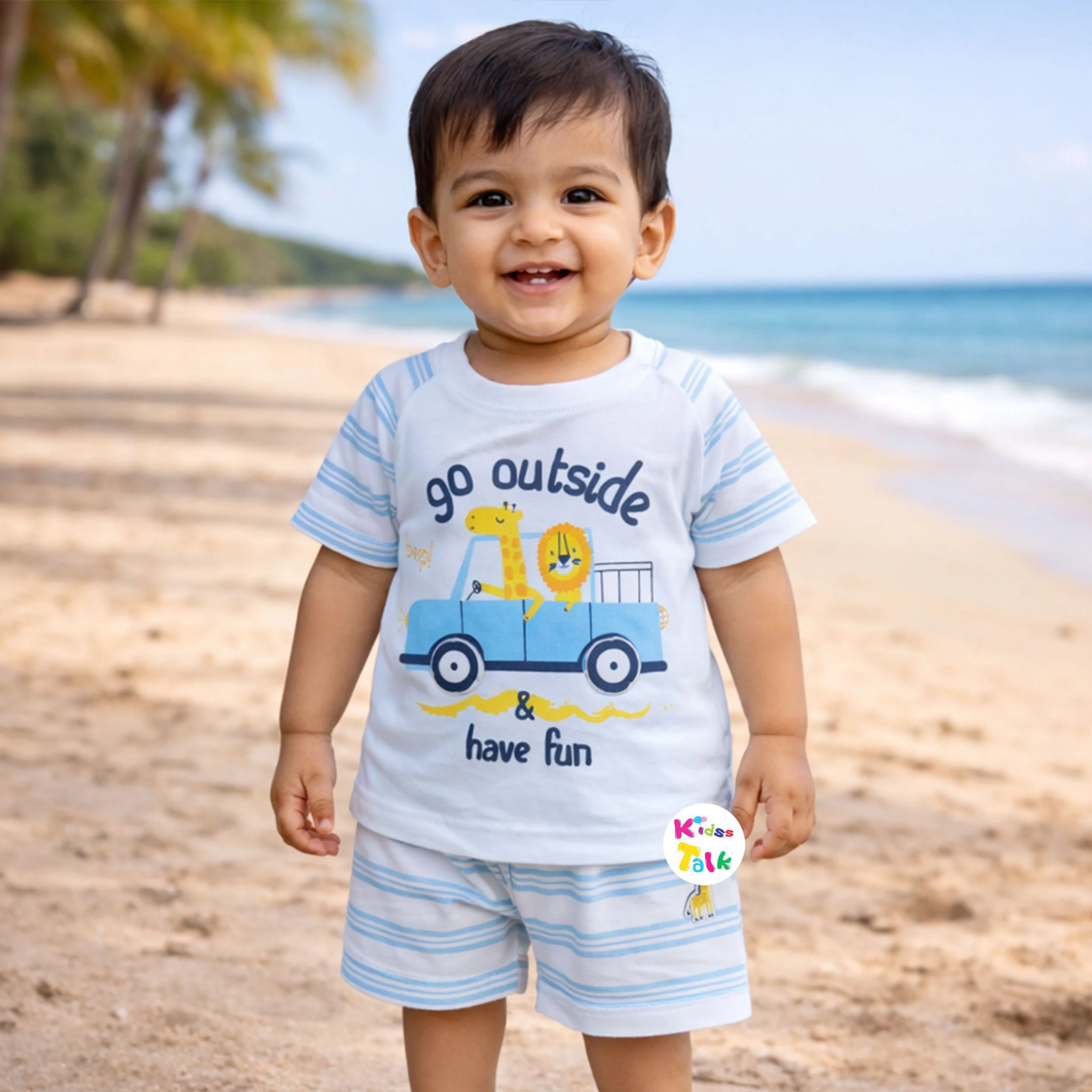 Cotton Knitted Half Sleeve T-shirt Set With Cute Print - Ice Blue