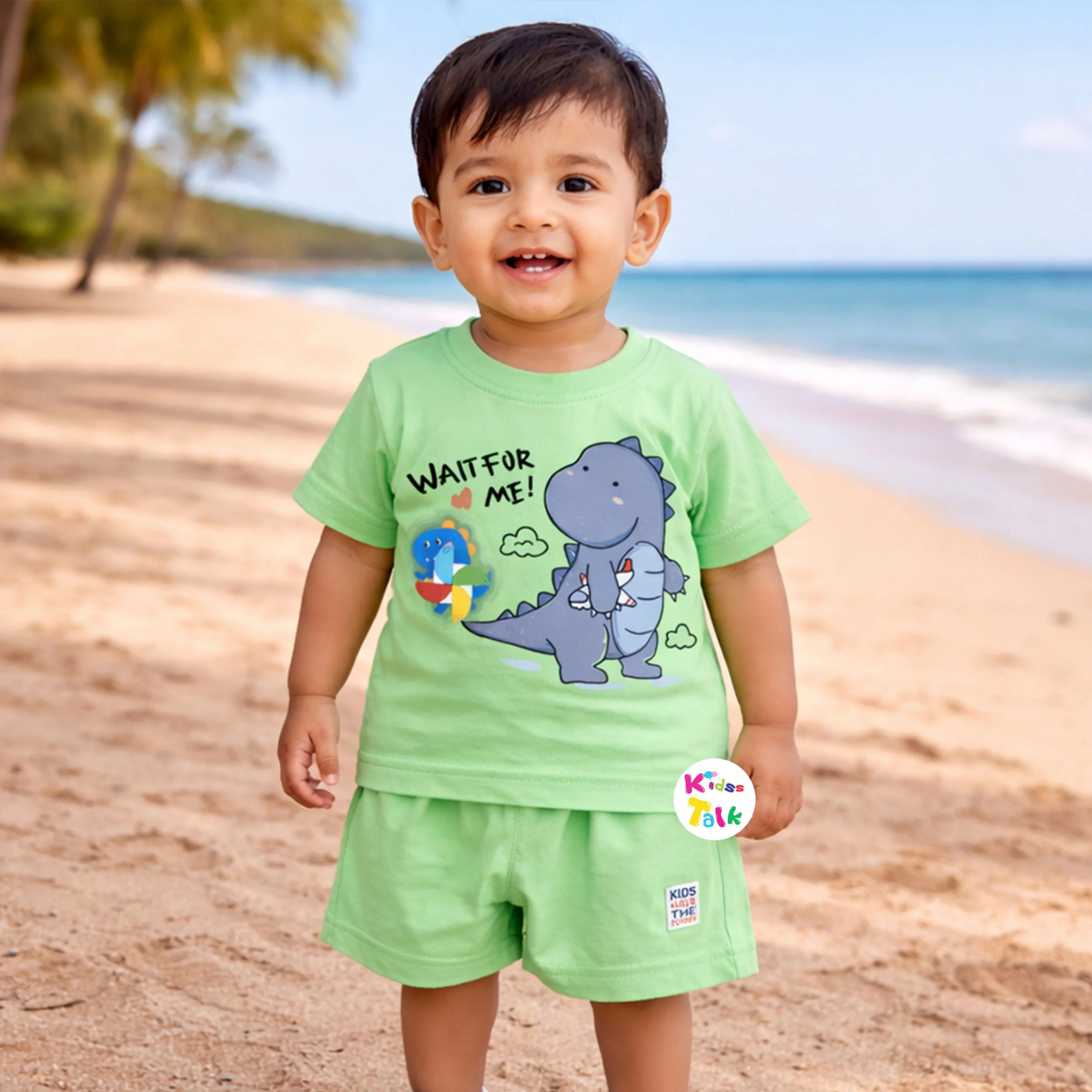 Cotton Knitted Half Sleeve T-shirt Set With Cute Print - Pista Green